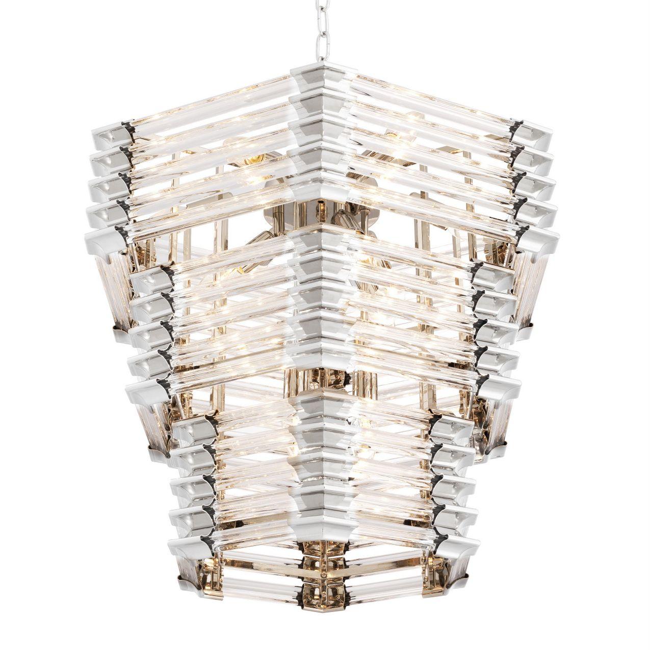 Glamorous and contemporary aesthetic ceiling light, make a statement with the wren chandelier. A modern take on classic style, this enticing hexagonal luminaire with nickel finish showcases a tapered three-tiered design with horizontal rows of clear