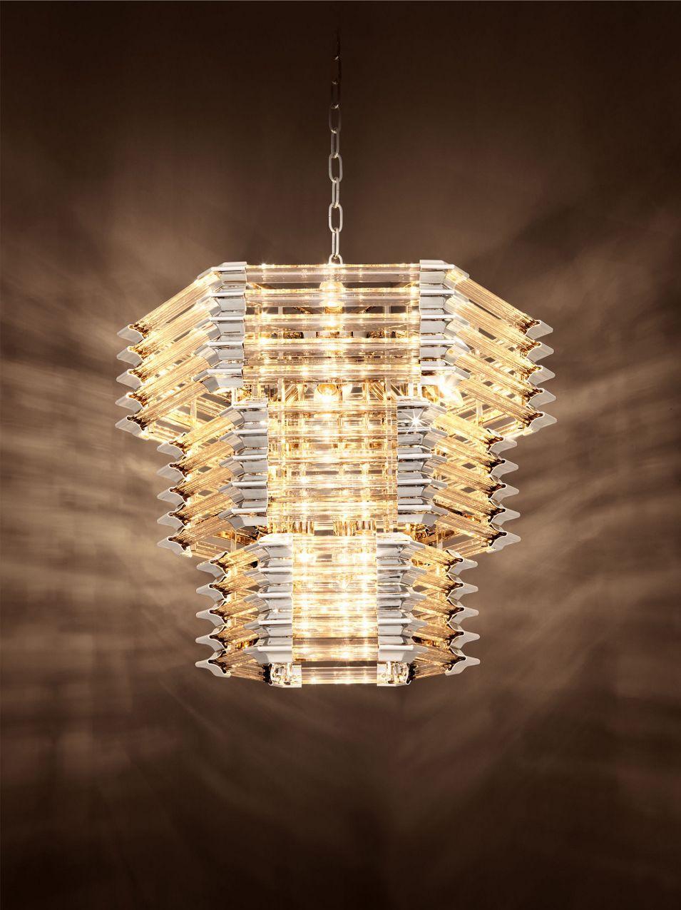 Modern Hexagonal Glass Nickel Chandelier Eichholtz Wren Ceiling Light In Good Condition In Dublin, Ireland