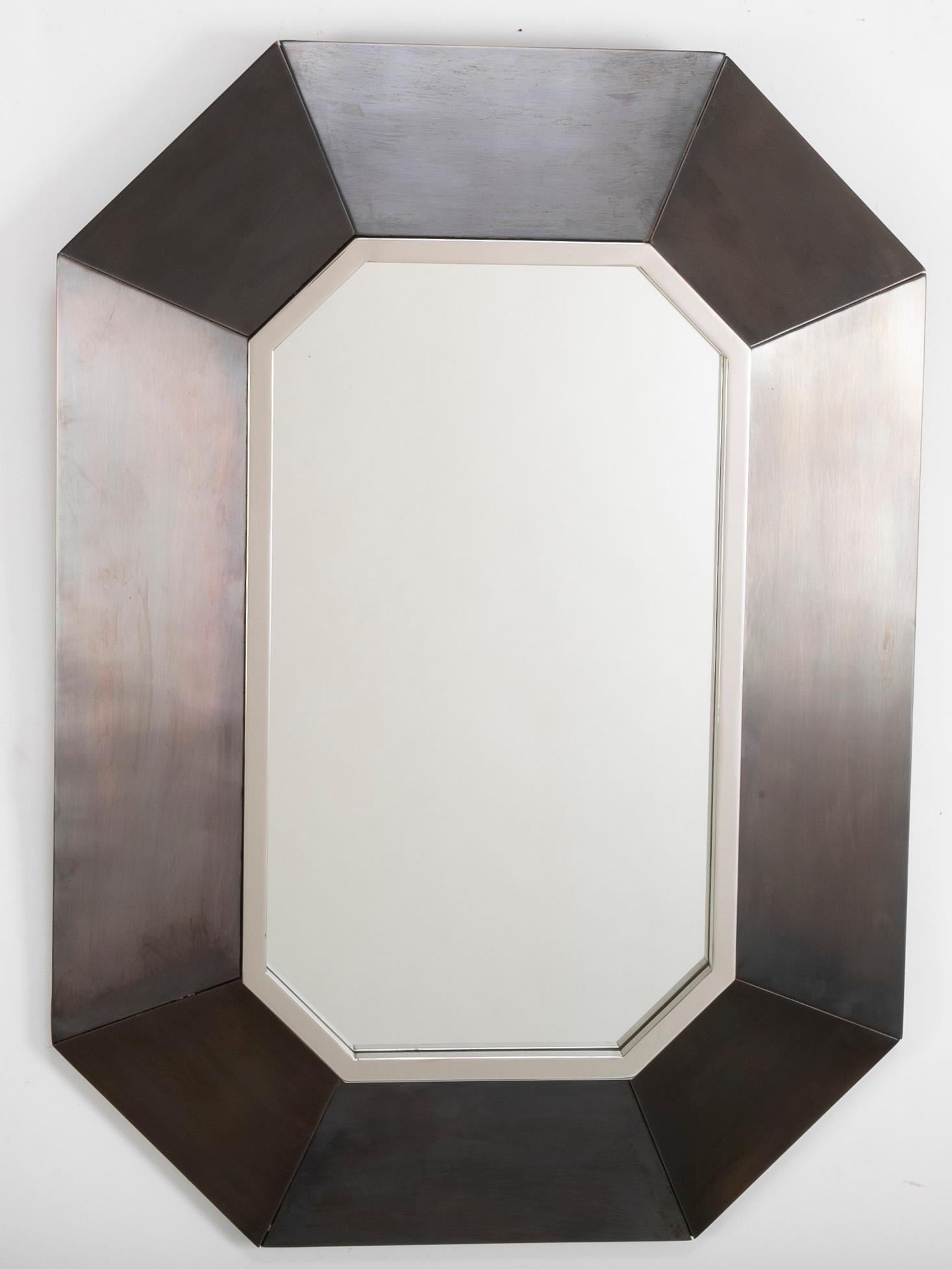 French Modern Hexagonal Mirror in Brushed Steel Frame in the Manner of Maison Jansen