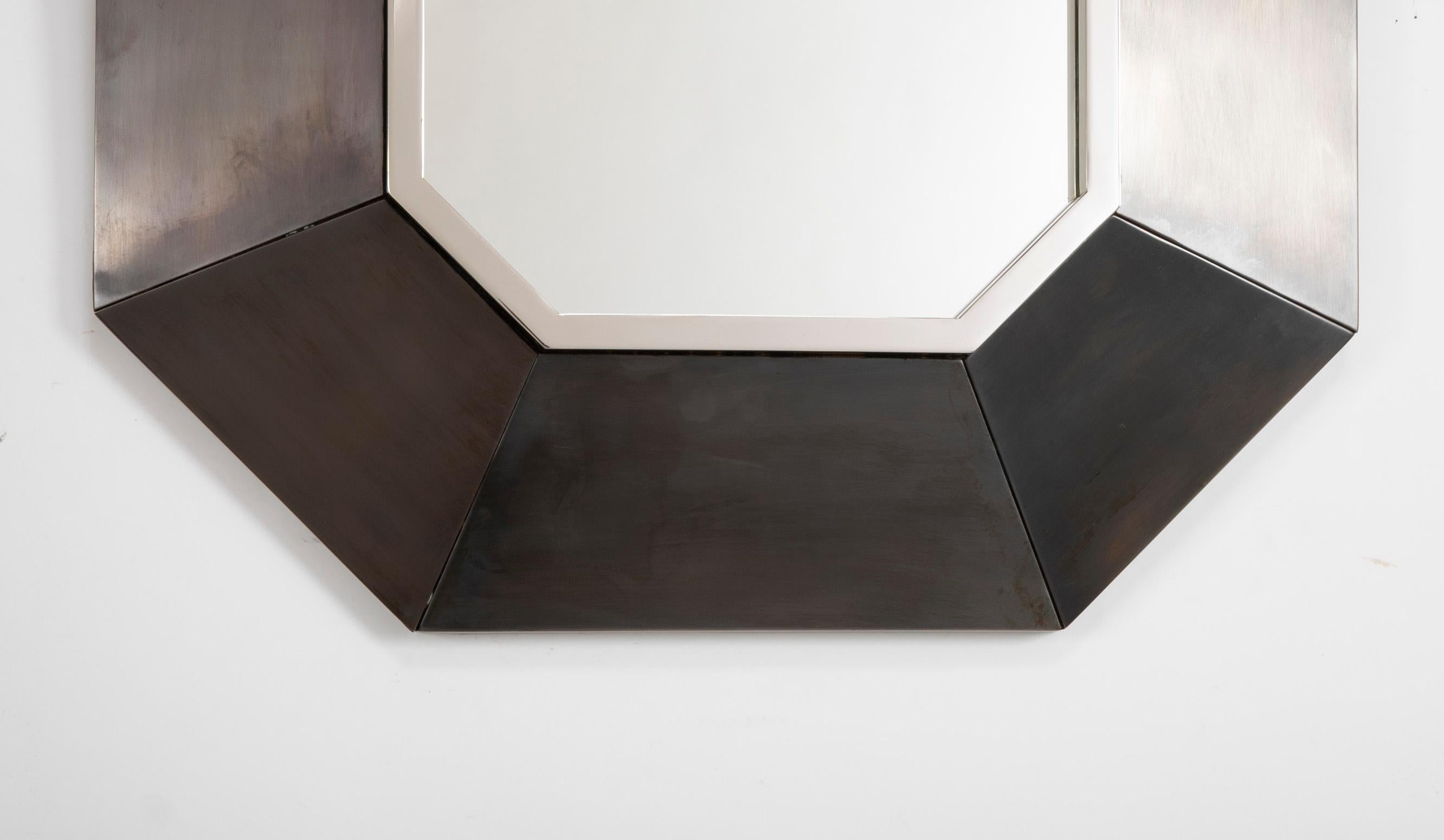 Modern Hexagonal Mirror in Brushed Steel Frame in the Manner of Maison Jansen In Good Condition In Stamford, CT