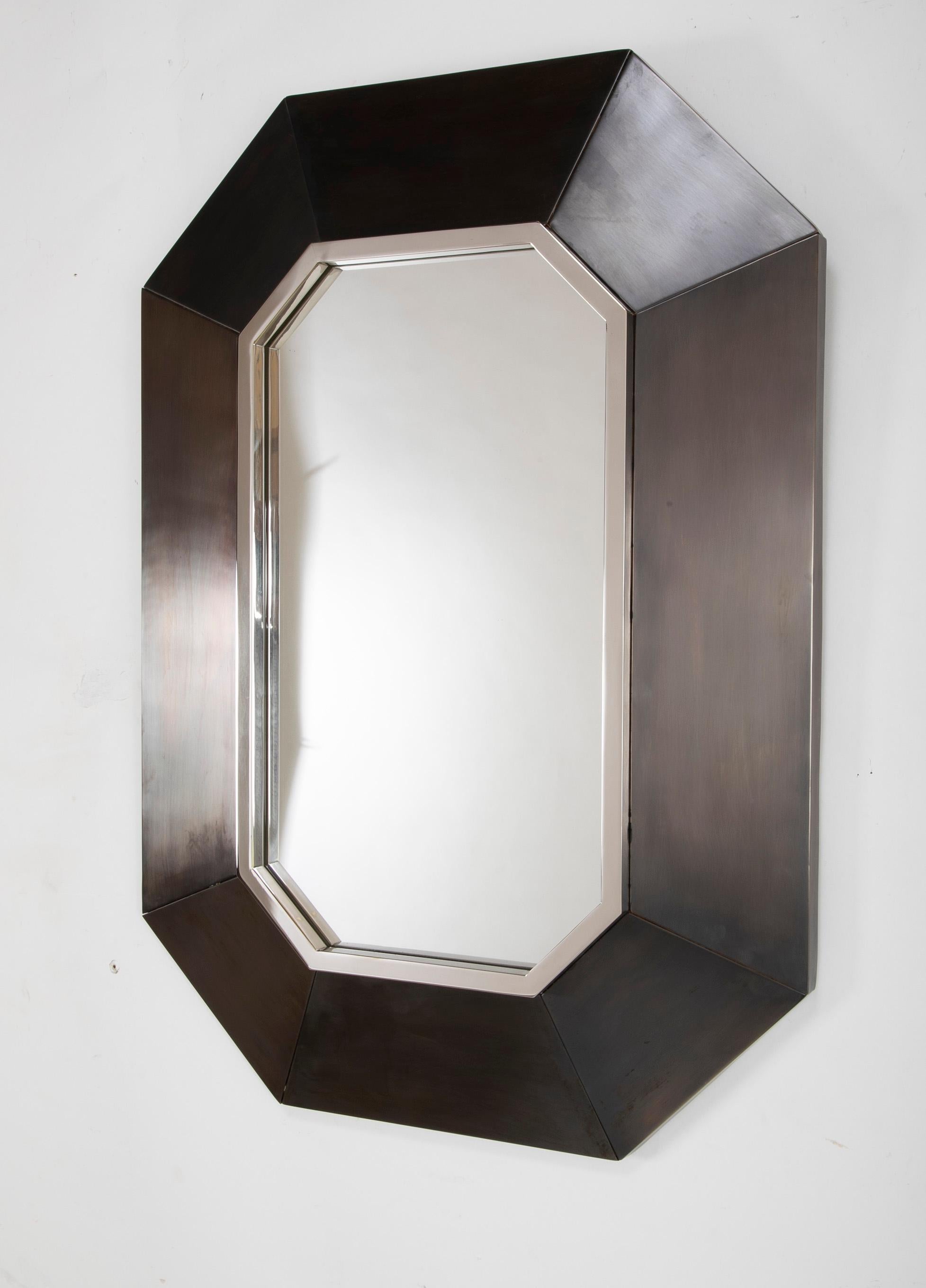 Modern Hexagonal Mirror in Brushed Steel Frame in the Manner of Maison Jansen 2