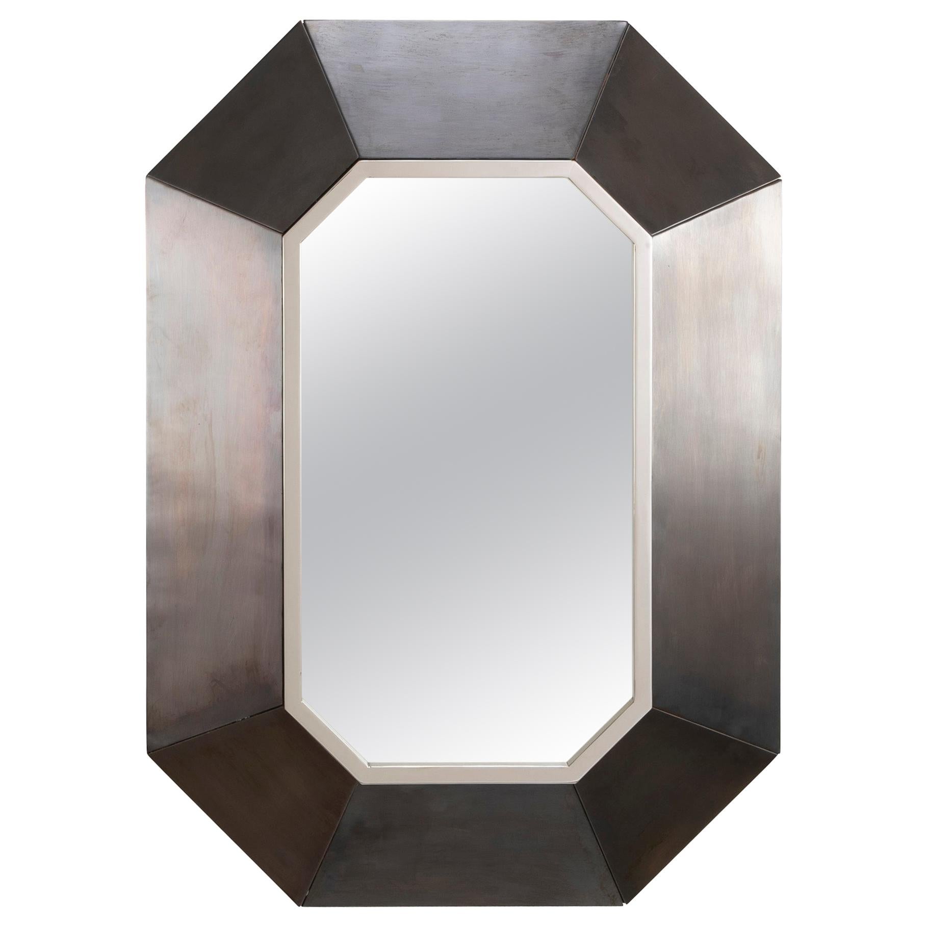 Modern Hexagonal Mirror in Brushed Steel Frame in the Manner of Maison Jansen