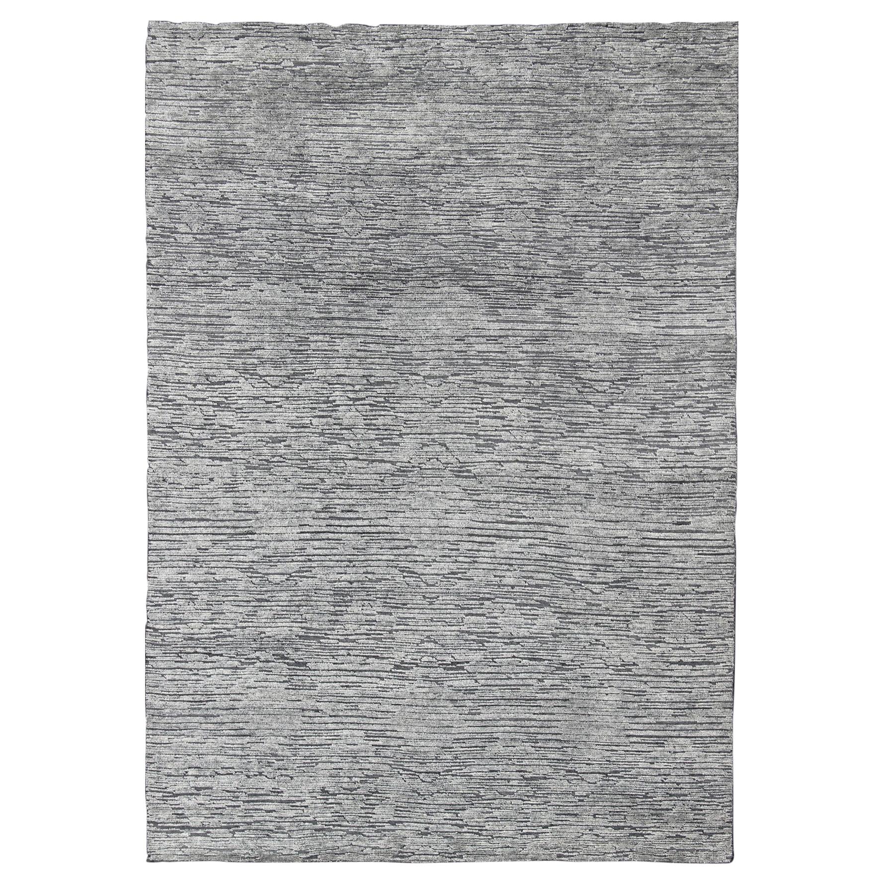 Modern Hi-Low Minimalist Design Rug in Solid White Color Pile and and Gray Weft