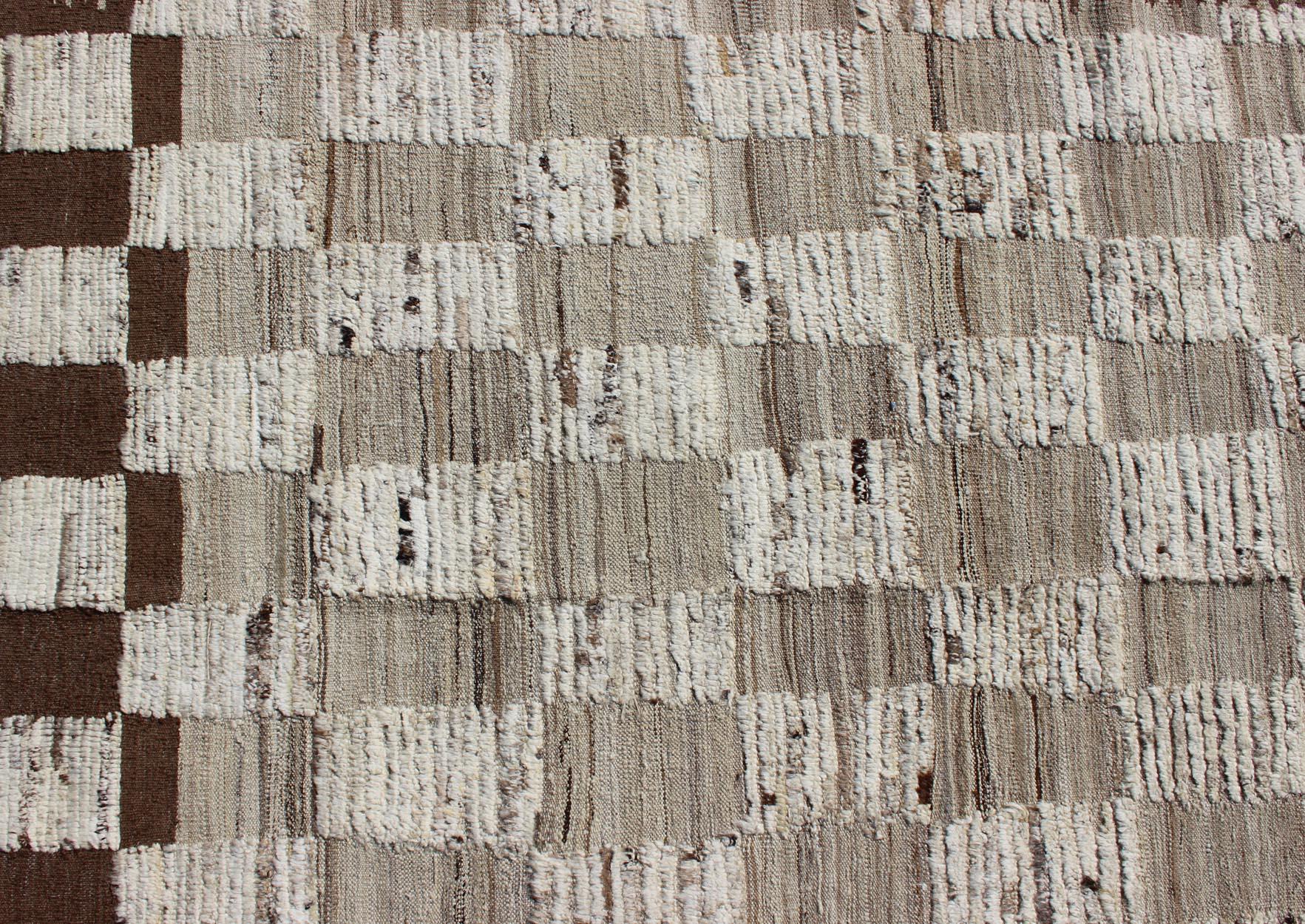 Hand-Woven Hi-Low Piled Rug With Checkerboard Design in Earth Tones by Keivan Woven Arts For Sale