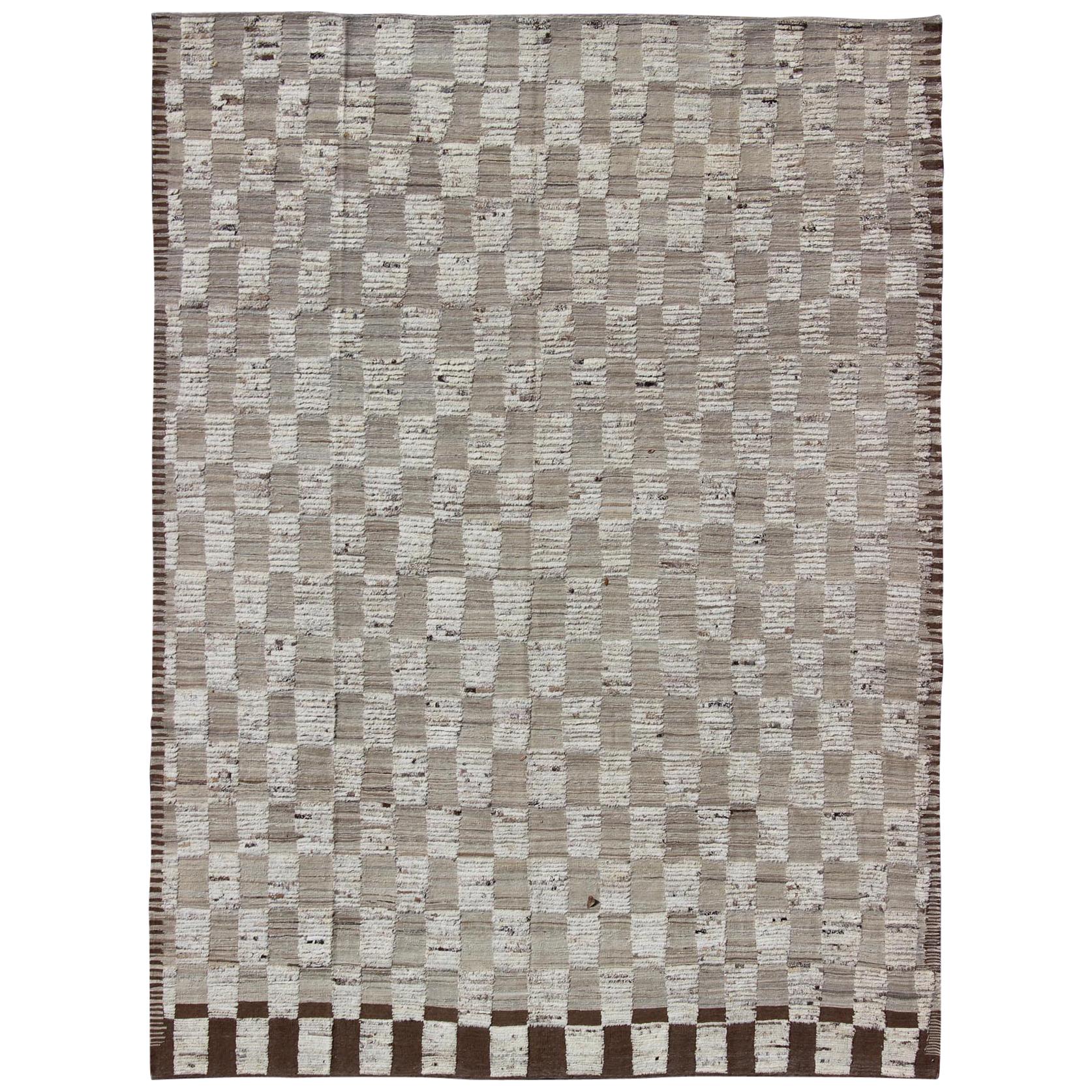 Modern Hi Low with Kilim-Piled Rug with Checkerboard Design in Earth Tones