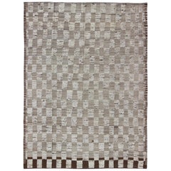 Modern Hi Low with Kilim-Piled Rug with Checkerboard Design in Earth Tones