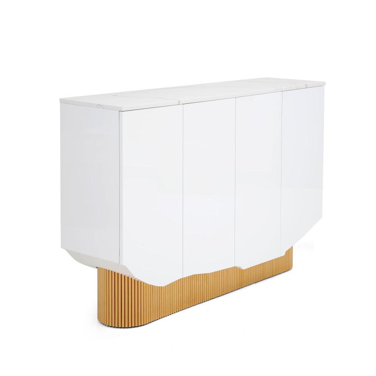 Modern White Sideboard in high gloss with Marble Top and Brass Legs For Sale 1