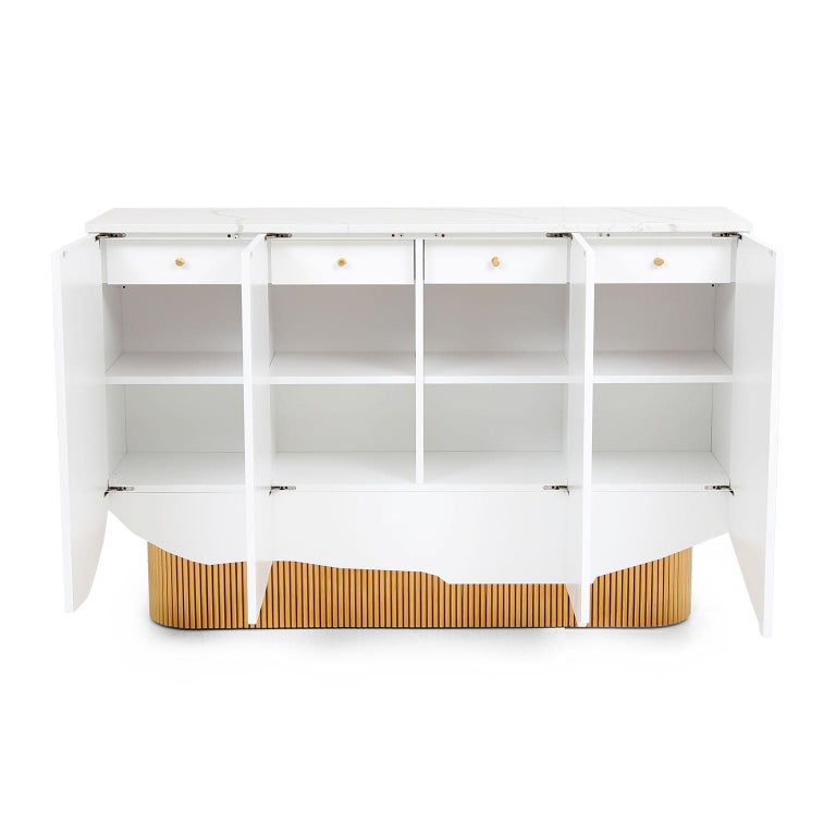 Contemporary Modern White Sideboard in high gloss with Marble Top and Brass Legs For Sale