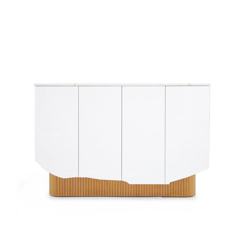 Modern White Sideboard in high gloss with Marble Top and Brass Legs For Sale 5
