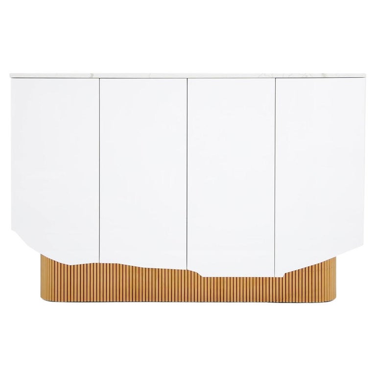 Modern White Sideboard in high gloss with Marble Top and Brass Legs For Sale