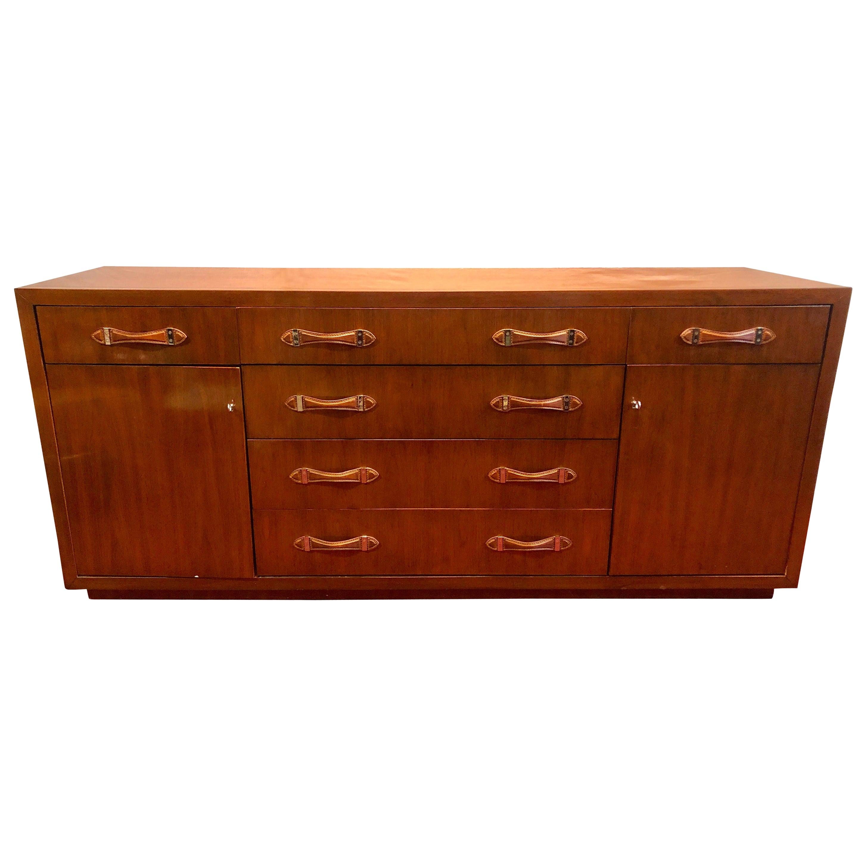 Modern Hollywood Double Chest Mahogany with Leather Pulls Labeled by Designer
