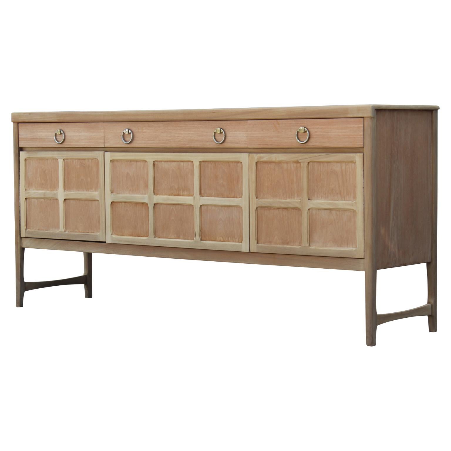 Modern Hollywood Regency Bleached Sideboard with Brass Ring Handles In Excellent Condition In Houston, TX