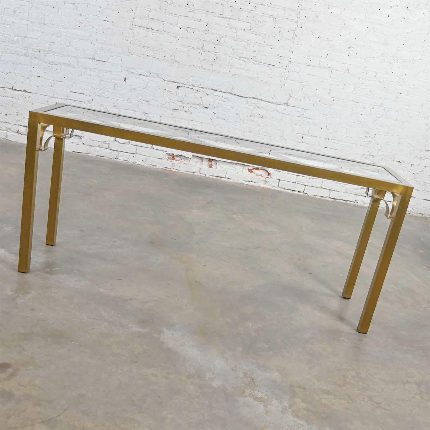 Modern Hollywood Regency Brushed Brass Plated Parsons Style Console Sofa Table For Sale 1