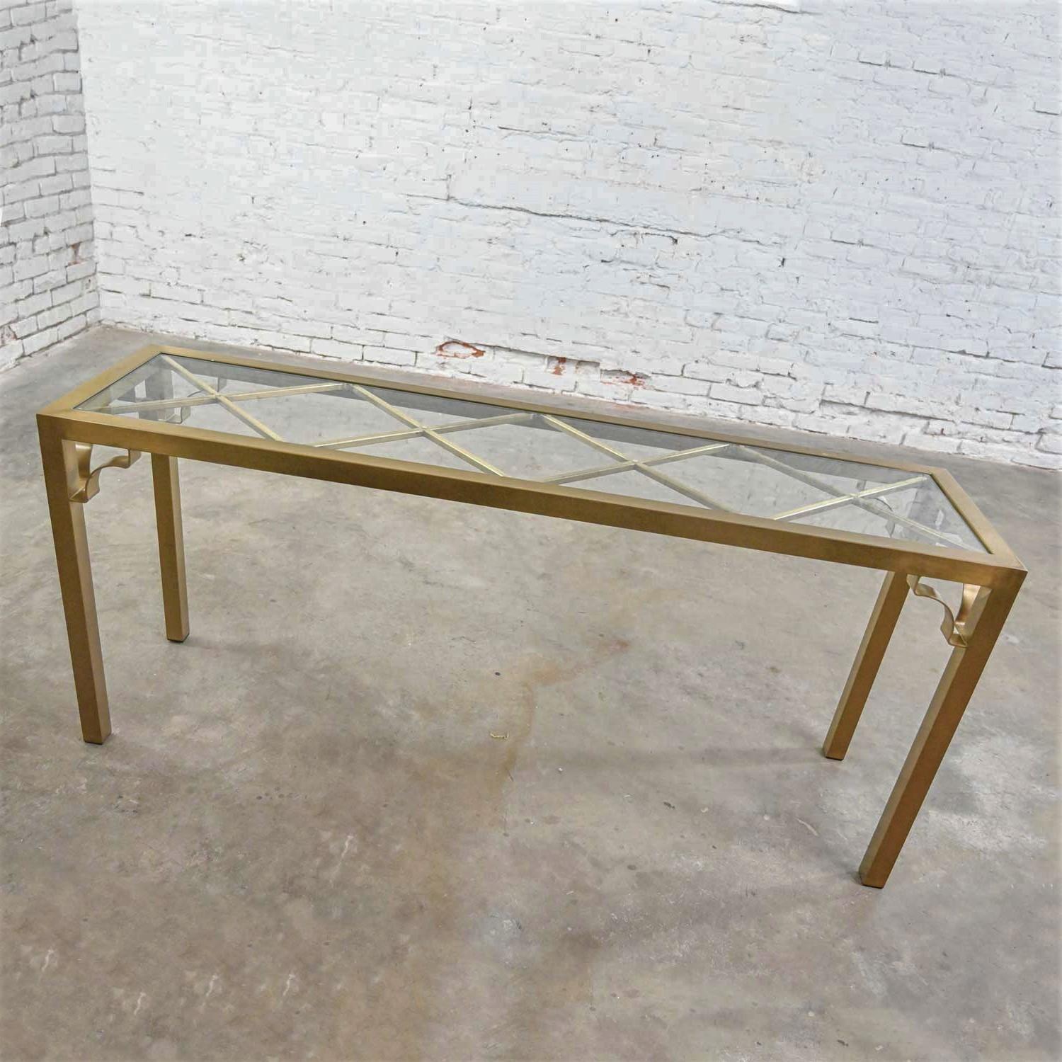 Modern Hollywood Regency Brushed Brass Plated Parsons Style Console Sofa Table For Sale 3