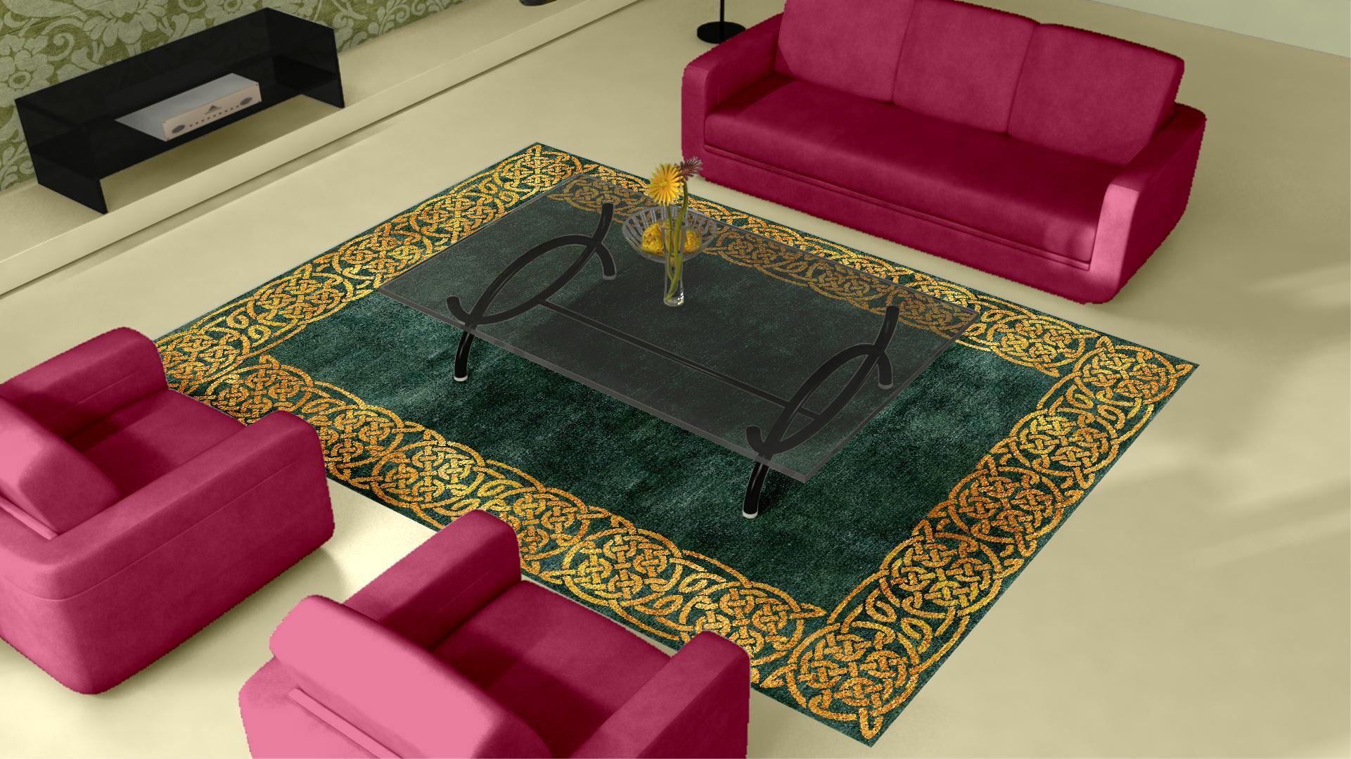 Moderner moderner Hollywood-Regency-Teppich in Smaragd und Gold aus Wolle und Seide, handgeknüpft (Hollywood Regency) im Angebot