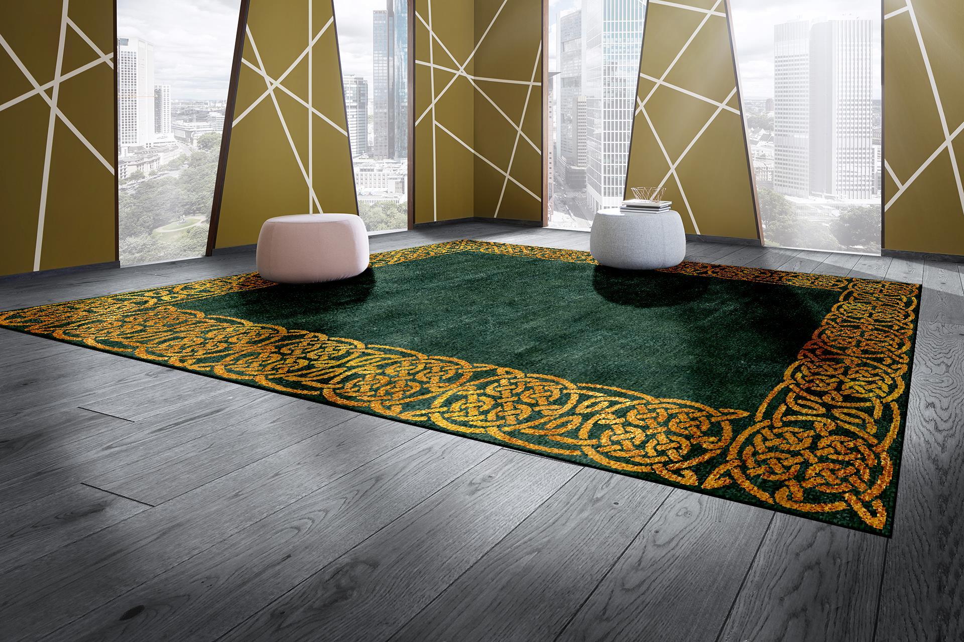 Moderner moderner Hollywood-Regency-Teppich in Smaragd und Gold aus Wolle und Seide, handgeknüpft (Nepalesisch) im Angebot