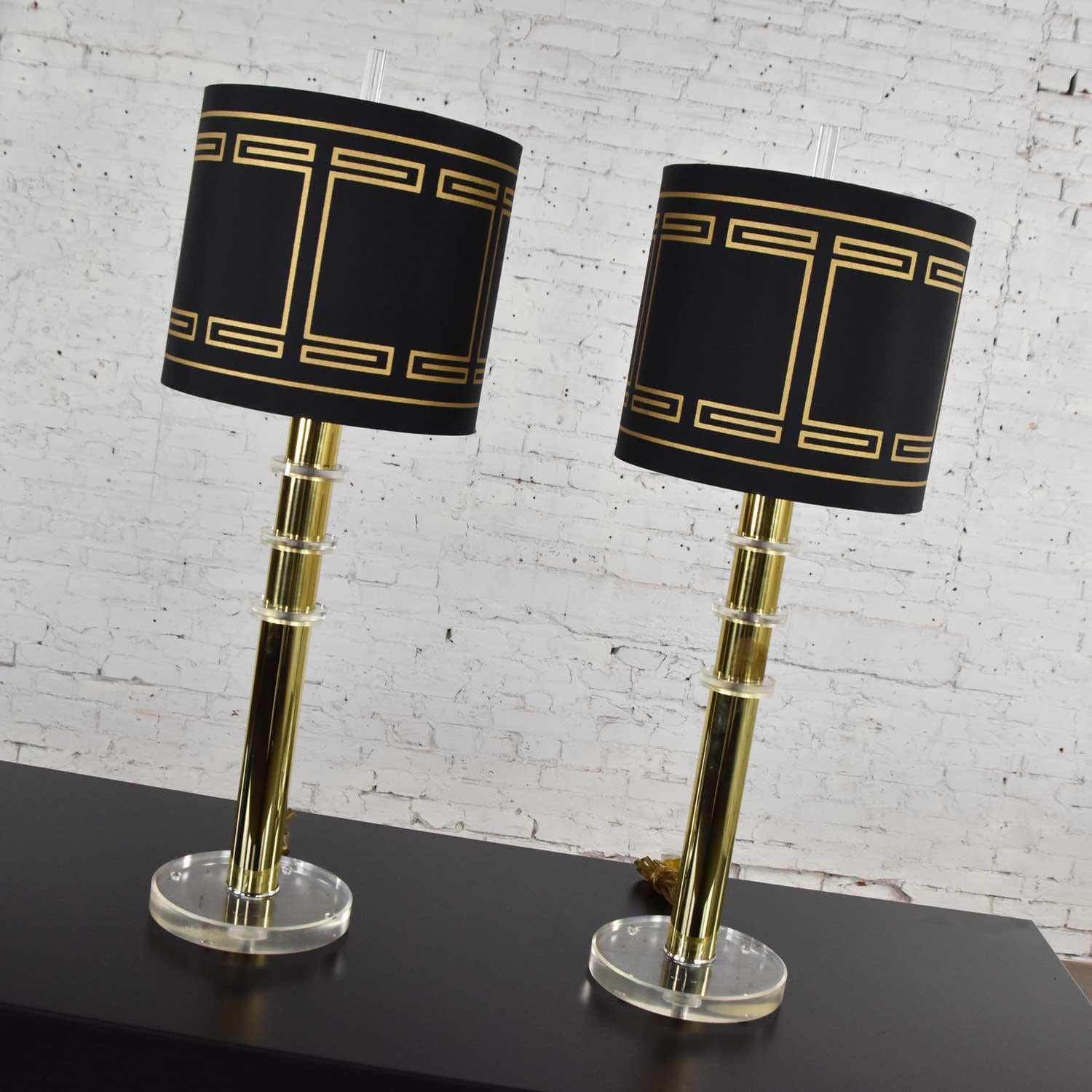 American Modern Hollywood Regency Lucite & Brass Plate Lamps 2 Pair Style Karl Springer