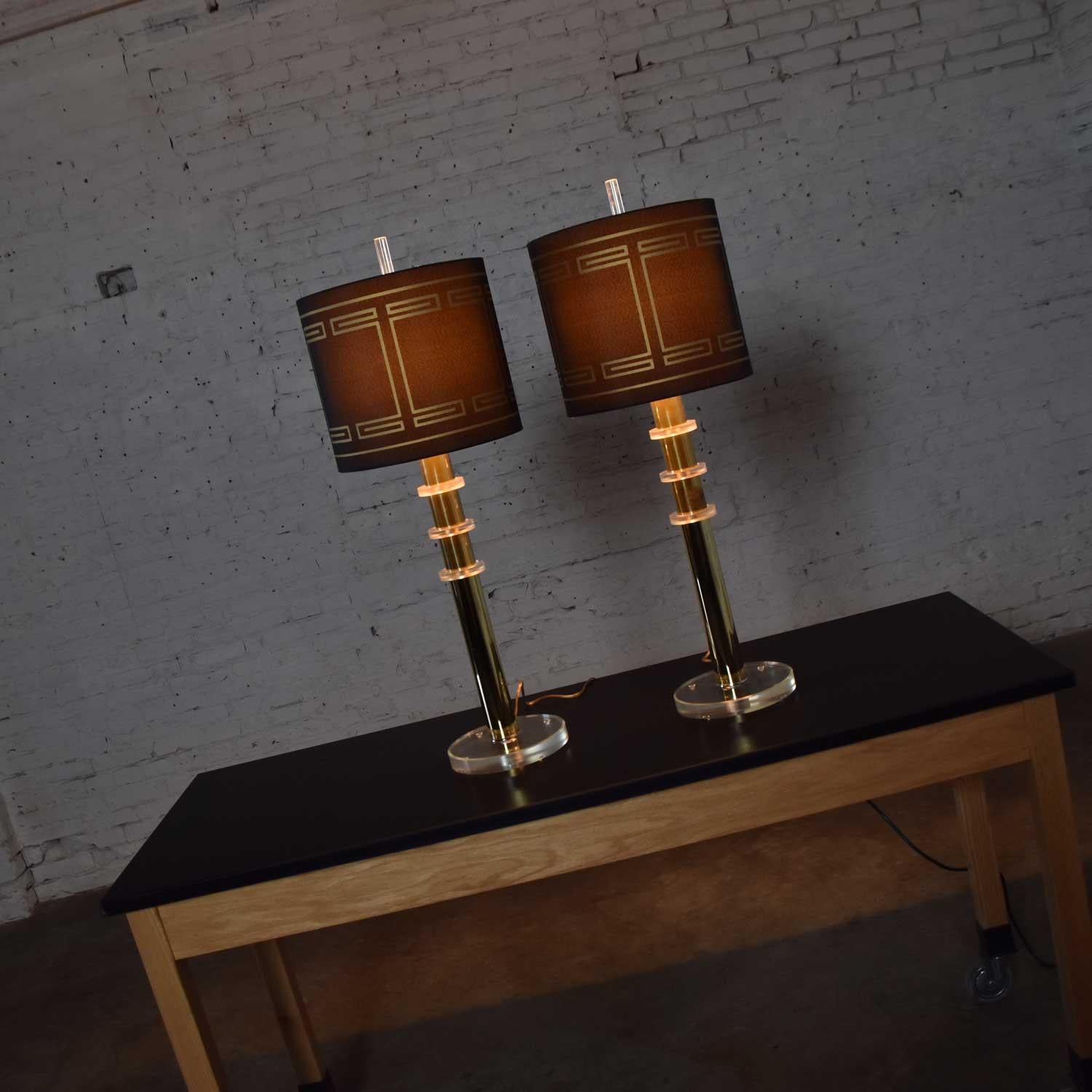 Modern Hollywood Regency Lucite & Brass Plate Lamps 2 Pair Style Karl Springer 1