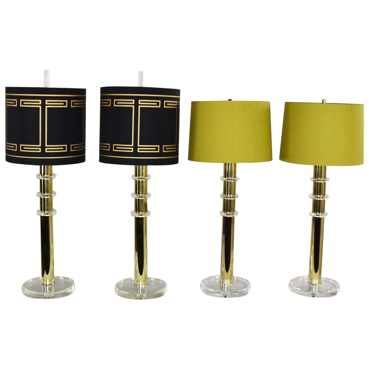 Modern Hollywood Regency Lucite & Brass Plate Lamps 2 Pair Style Karl Springer