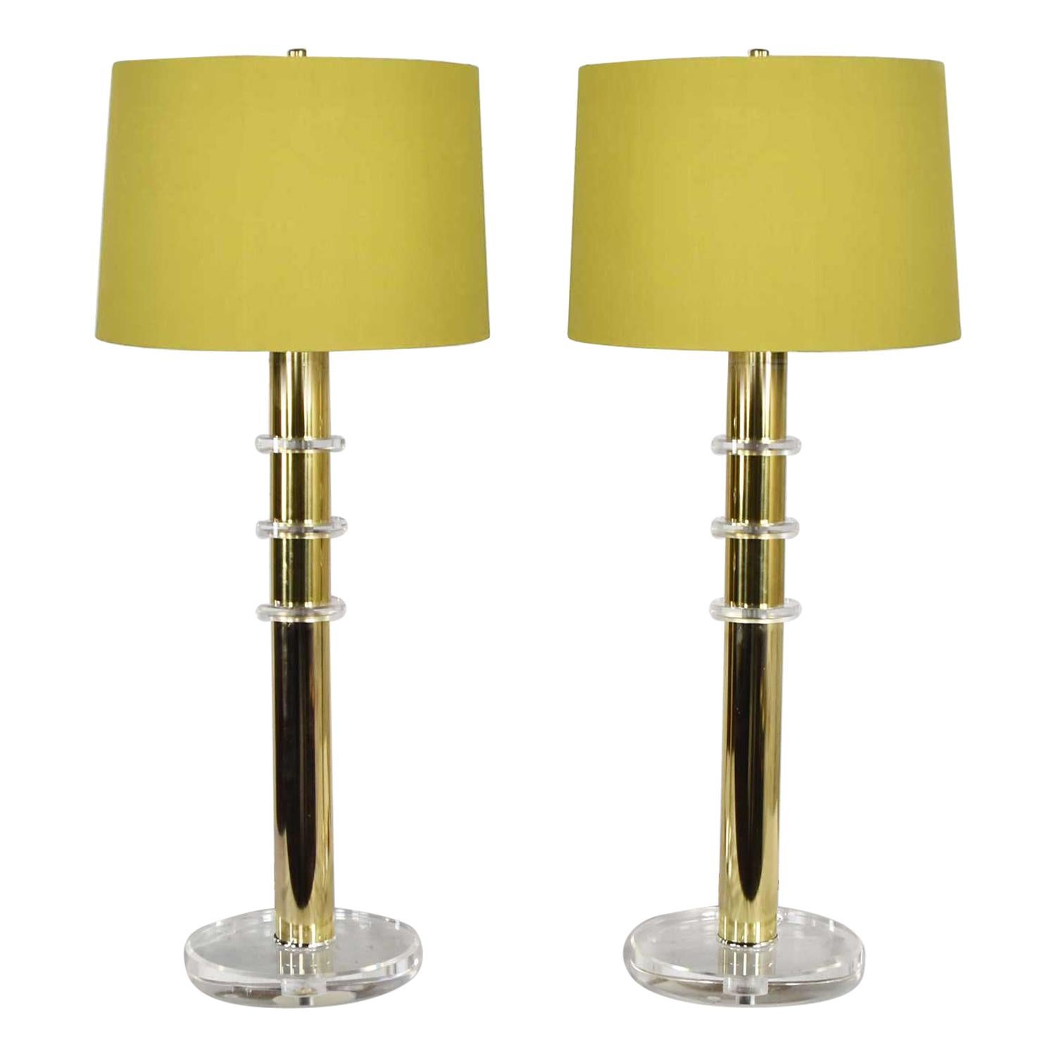 Modern Hollywood Regency Lucite & Brass Plate Lamps a Pair Style Karl Springer