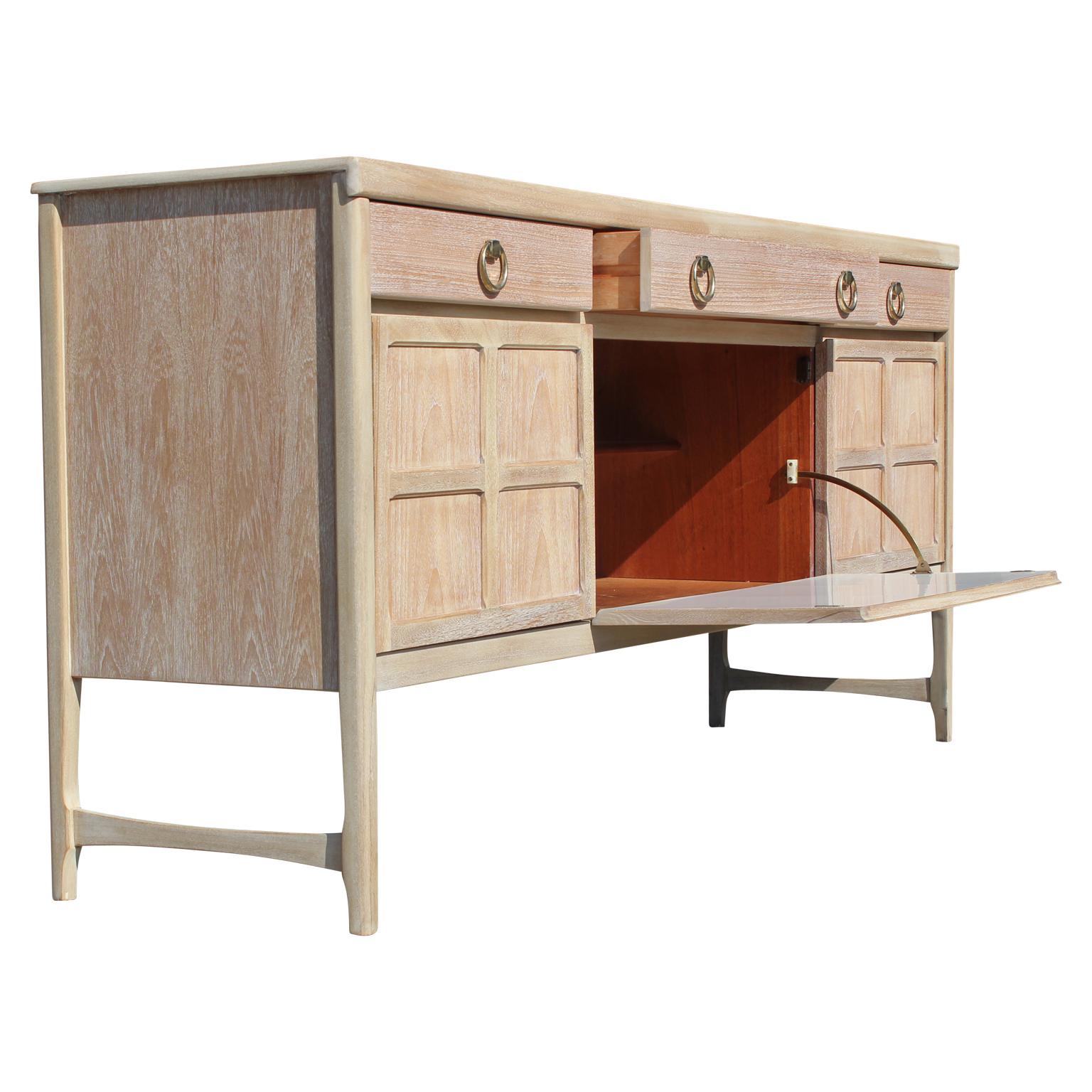 Modern Hollywood Regency Natural Finish Sideboard with Brass Ring Handles In Excellent Condition In Houston, TX