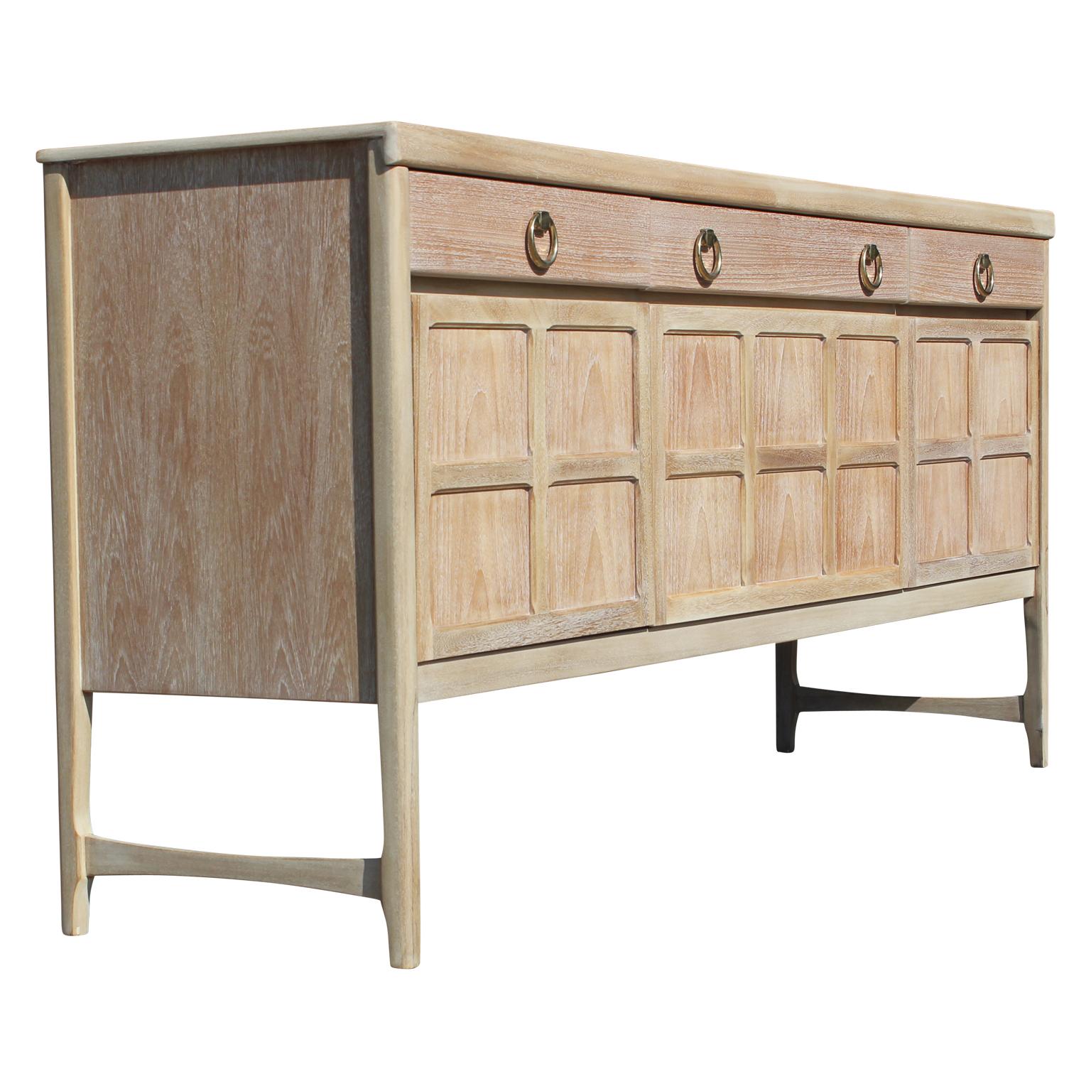 Modern Hollywood Regency Natural Finish Sideboard with Brass Ring Handles