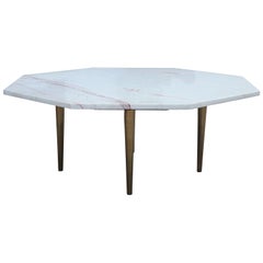 Modern Hollywood Regency Octagonal White Marble and Brass Coffee Table