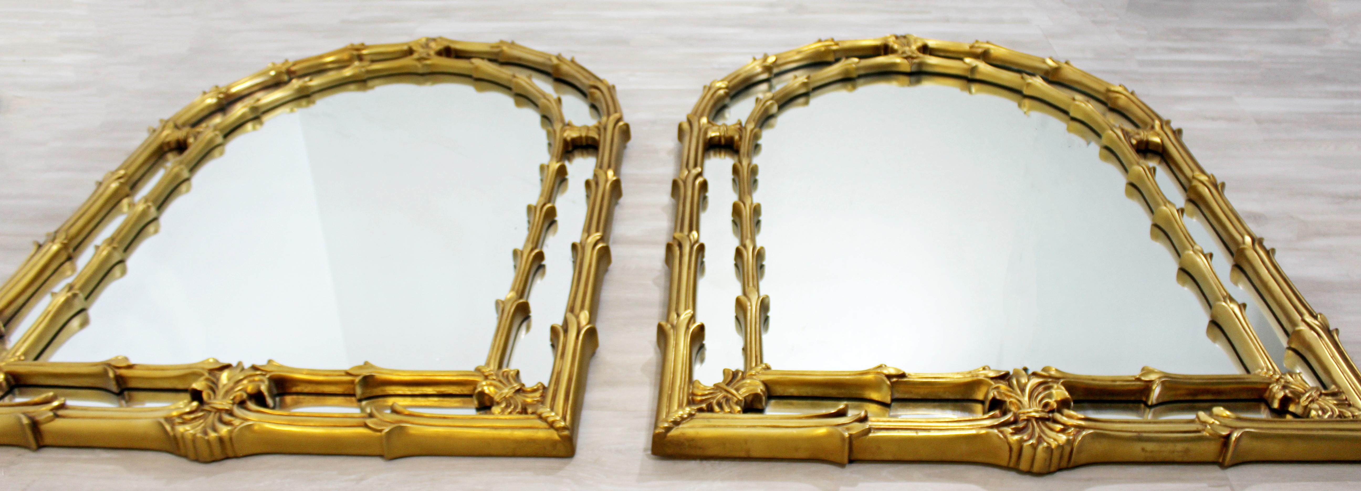 For your consideration is a magnificent pair of monumental size, gold gilt, arched art mirrors. In excellent vintage condition. The dimensions of each are 34