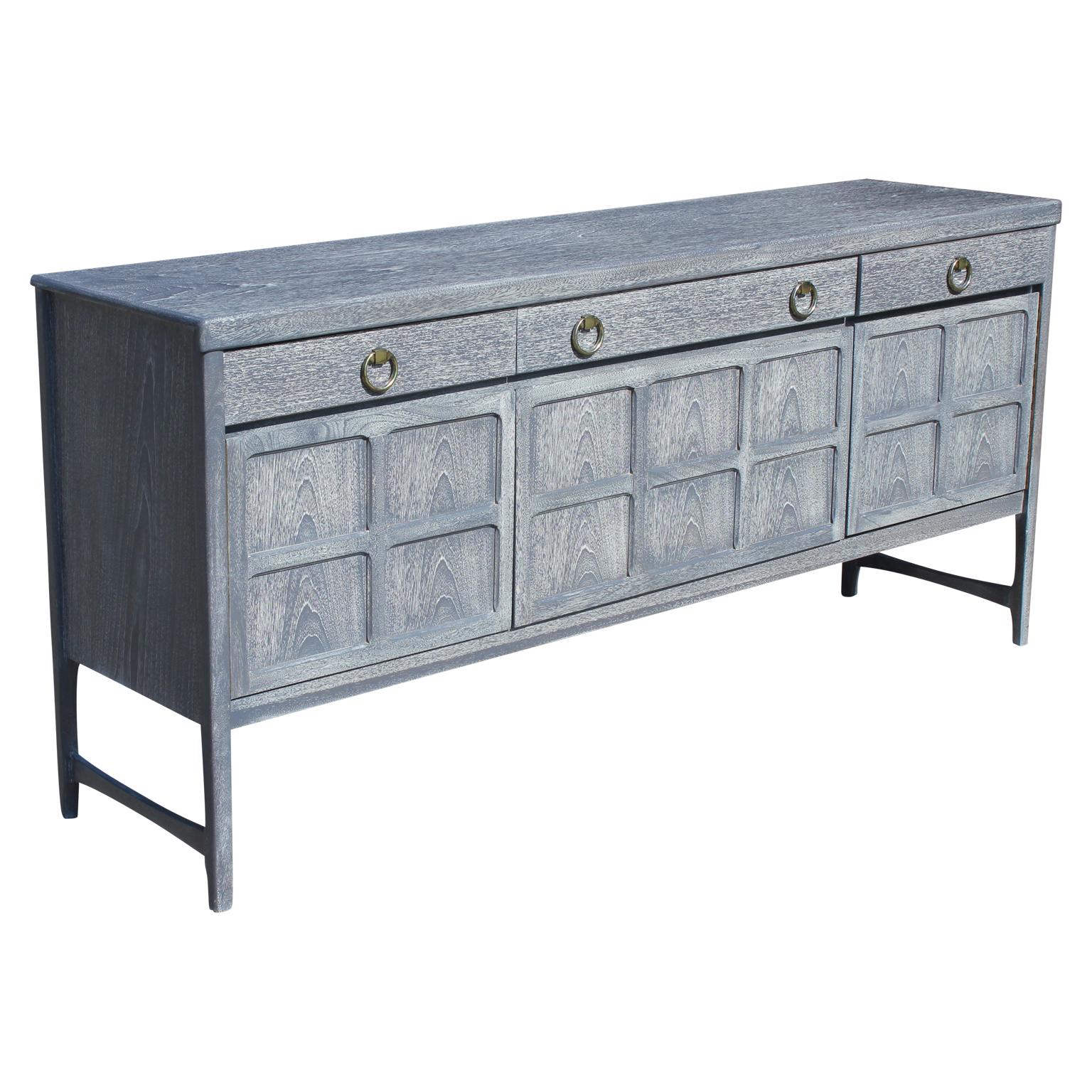 English Modern Hollywood Regency Sideboard with a Grey Cerused Finish and Brass Hardware