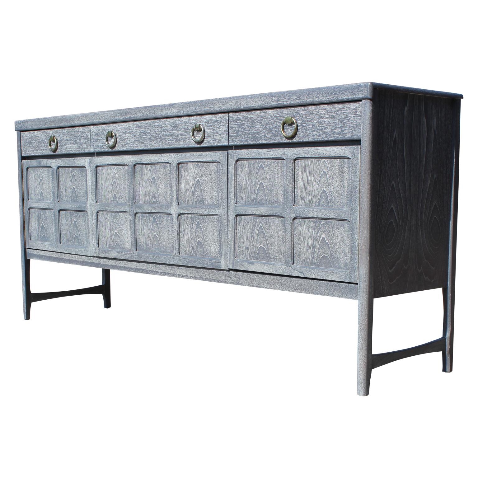 Modern Hollywood Regency Sideboard with a Grey Cerused Finish and Brass Hardware