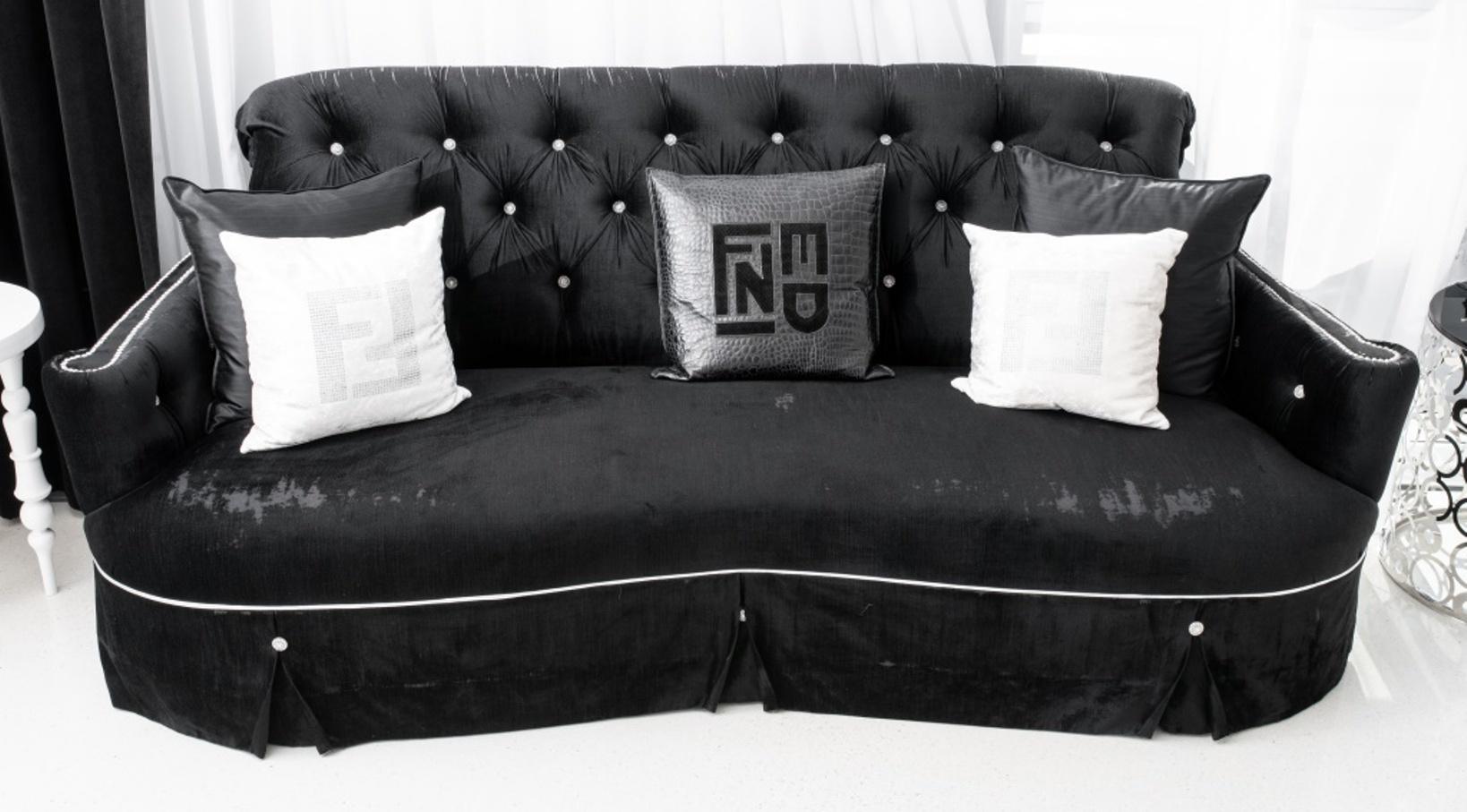 Modern Hollywood Regency Style Black Velvet Sofa 3