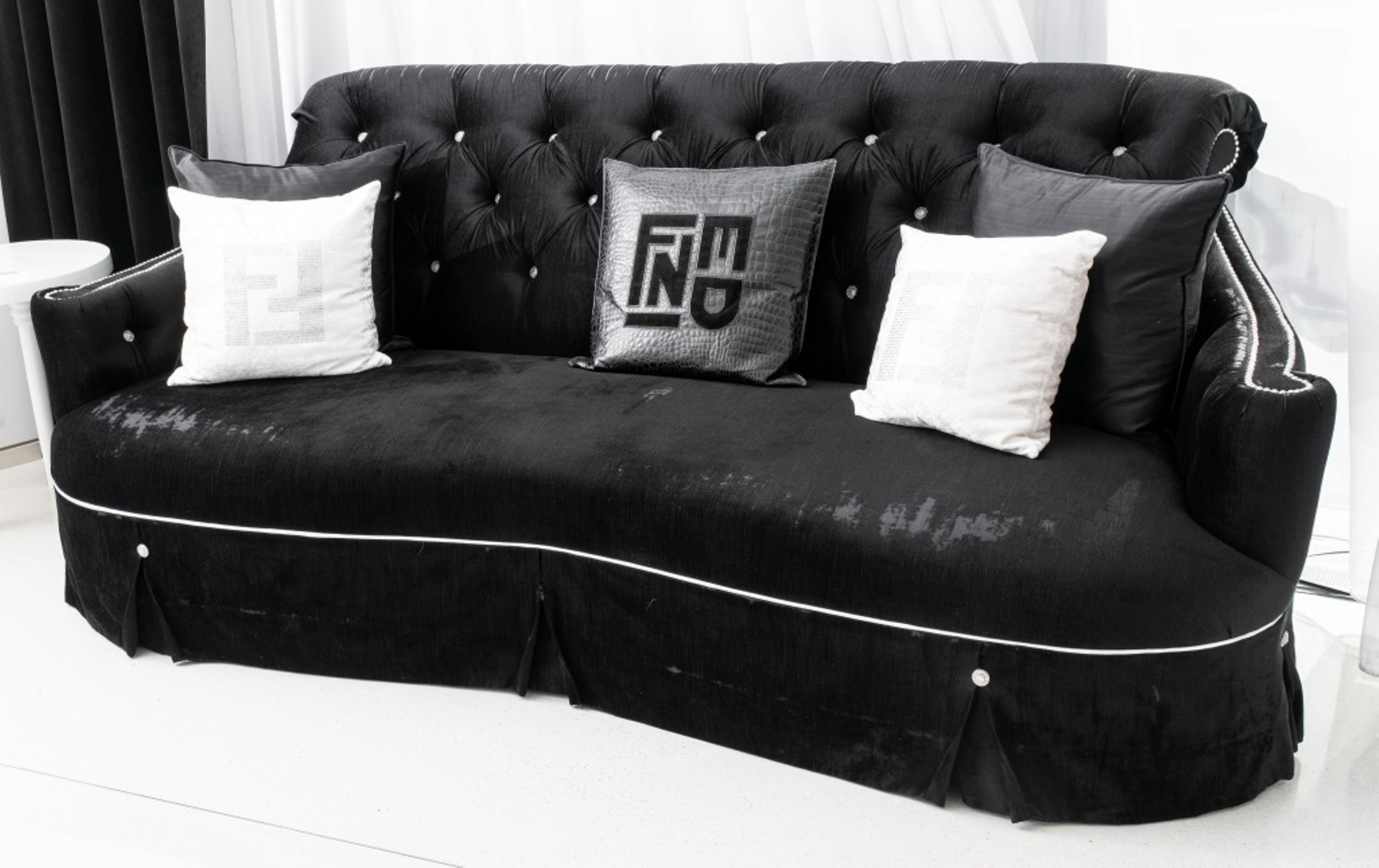 Modern Hollywood Regency Style Black Velvet Sofa 4
