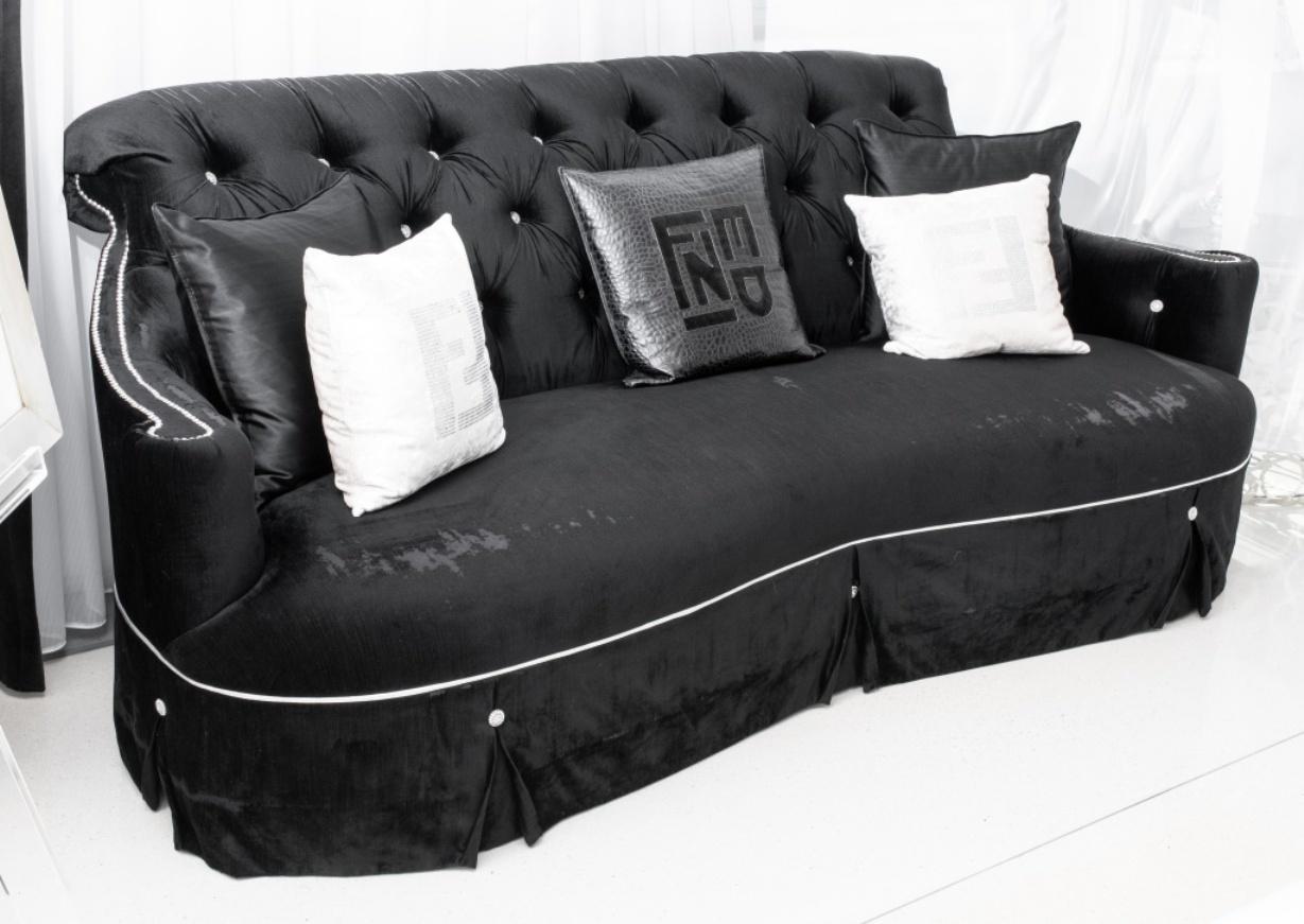 Modern Hollywood Regency Style Black Velvet Sofa 5
