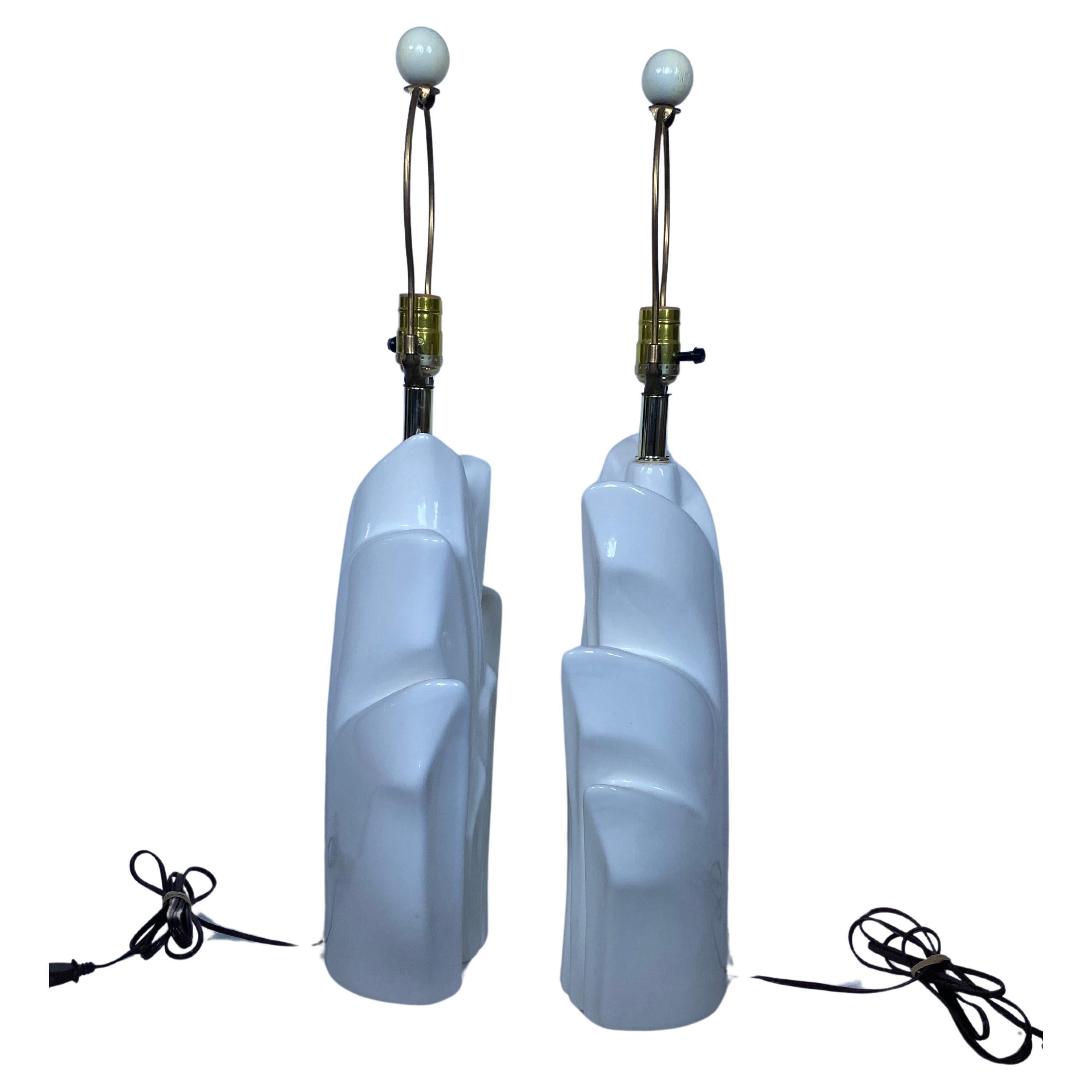Late 20th Century Modern Hollywood Regency Style Ceramic Palm Form Table Lamps, Pair For Sale