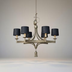 Modern Hollywood Regency Style Gilt Metal 6 Arm Chandelier With Giltwood Tassel
