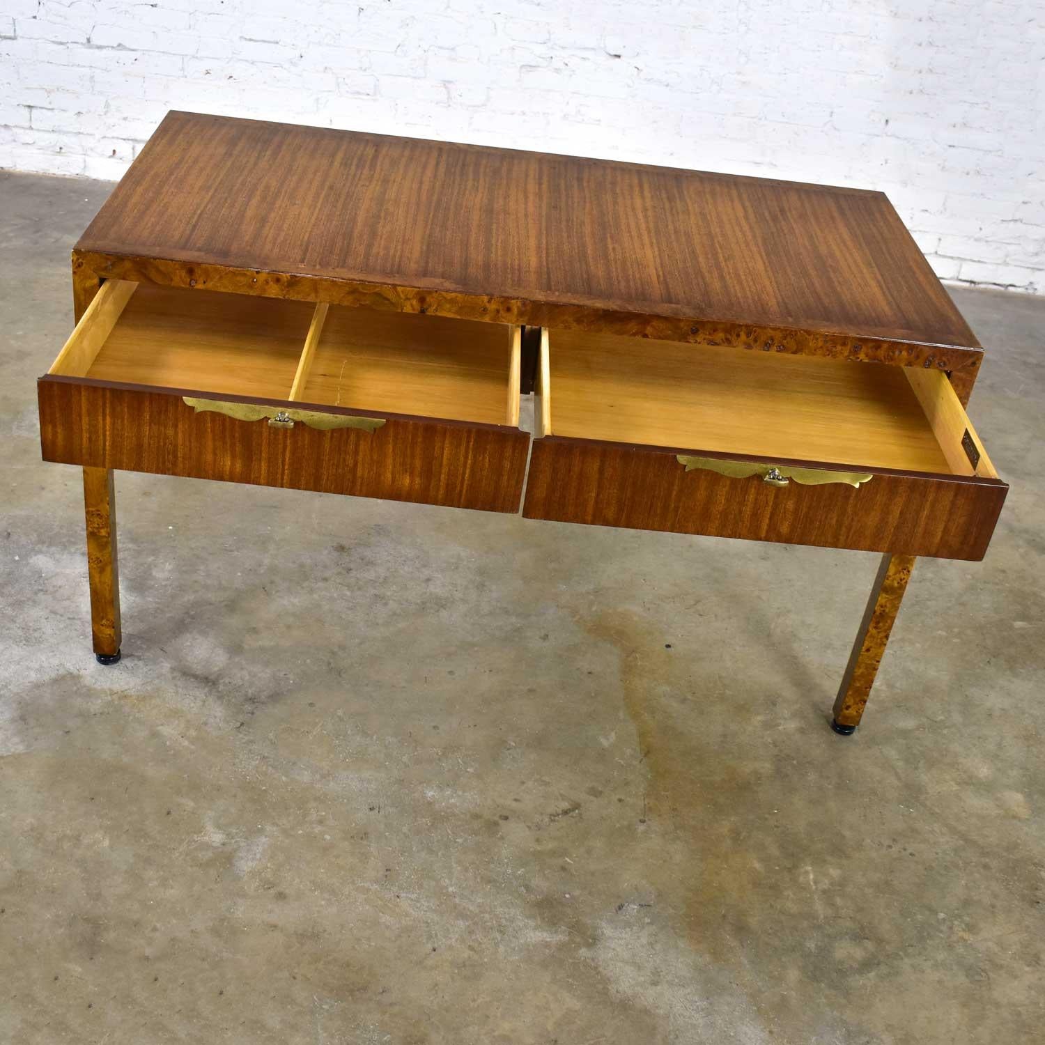 Plated Modern Hollywood Regency Walnut Parson’s Style Writing Desk Tomlinson Furniture
