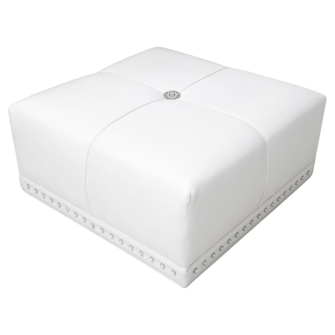 Modern Hollywood Regency White Vegan Leather Ottoman For Sale