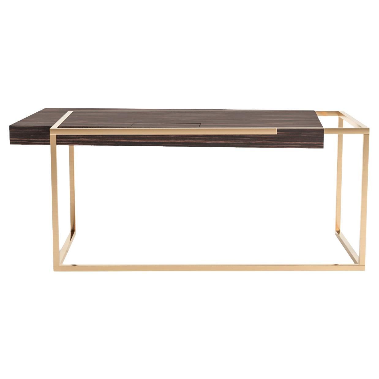 Modern Home Office Writing Executive Desk Ebony Macassar Wood and Brushed Brass