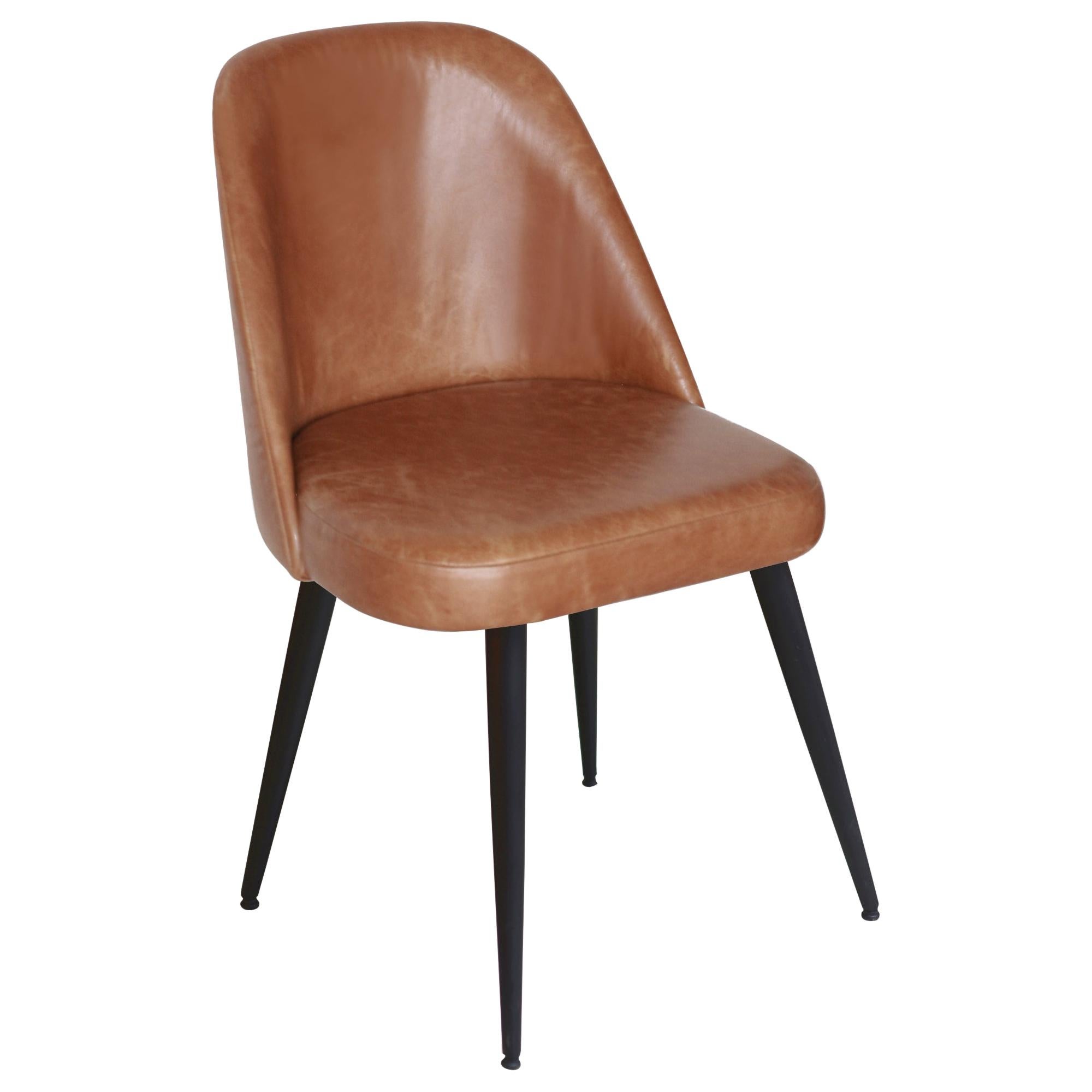 Modern Honey Leather Dining Chair with Steel Base Black Conical Legs