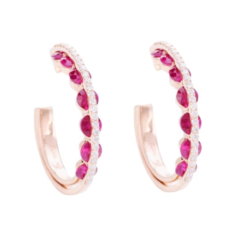 Modern Hoop Earrings, White Diamonds and Red Rubies For Sale