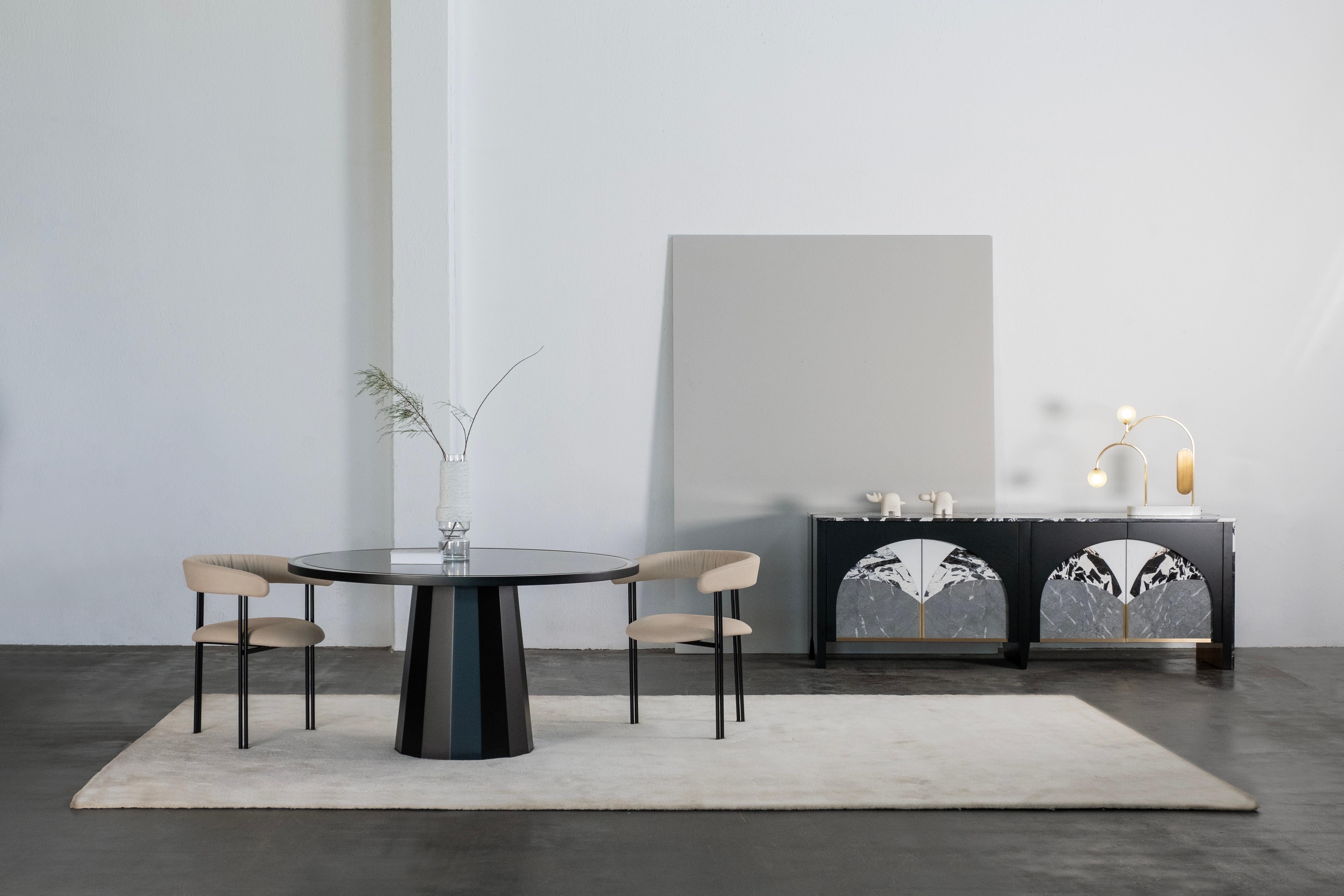 Modern Howlite Round Dining Table 4-Seats, Modern Collection, Handcrafted in Portugal - Europe by GF Modern.

Howlite dining table represents the dawn of a new modern era. The lacquered table top and the faceted base are lacquered in black with