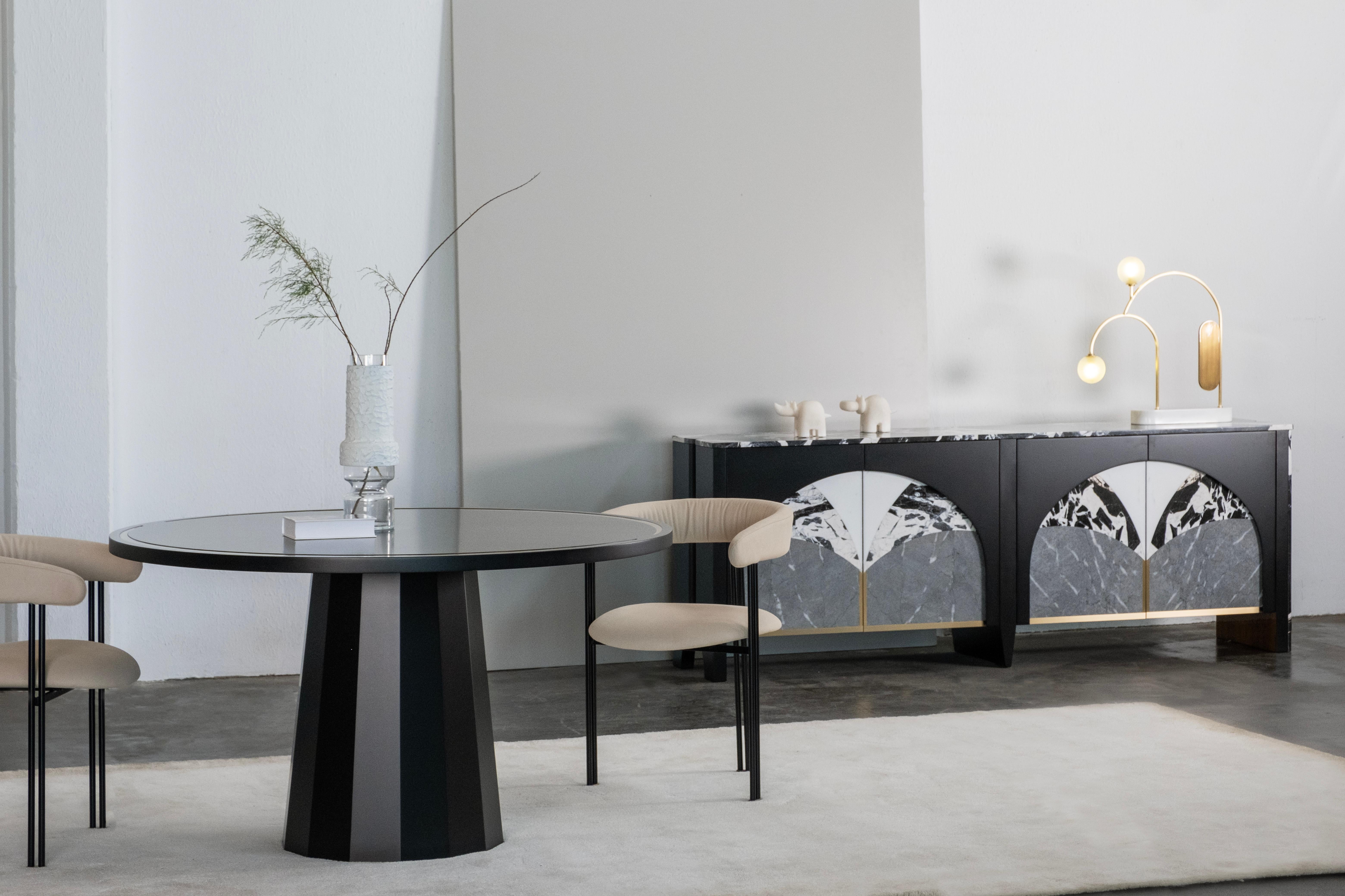 Moderne Table de salle à manger ronde moderne en Howlite, Golden Wave Quartzite, Handmade by Greenapple en vente