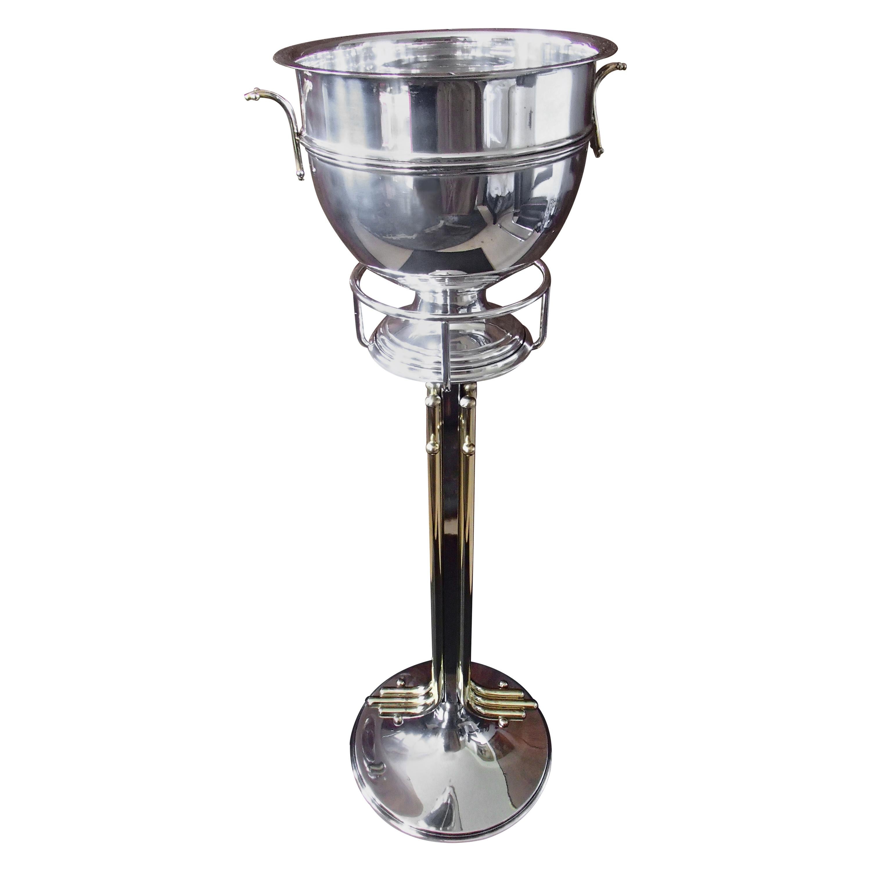 Modern Hugh Wine Cooler with Stand Bras and Silver Plated For Sale