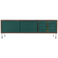 Modern Hunter Green Lacquered Credenza with Brass Trim Brass Pulls & Lucite Legs