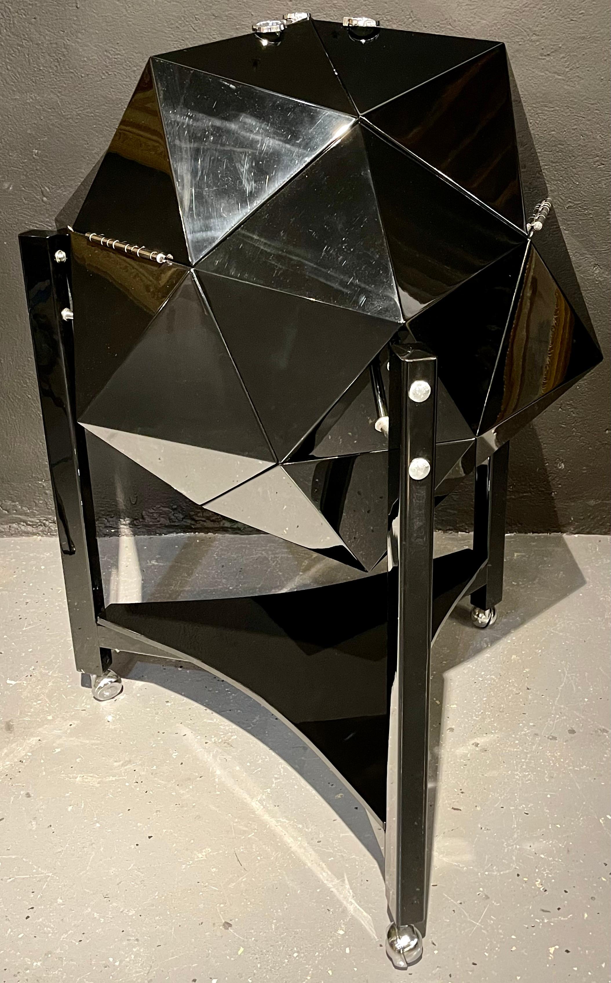 Modern Ico Parisi Rolling Bar Cart, Lacquer, Chrome, Ostrich, Polyhedron Shaped For Sale 2