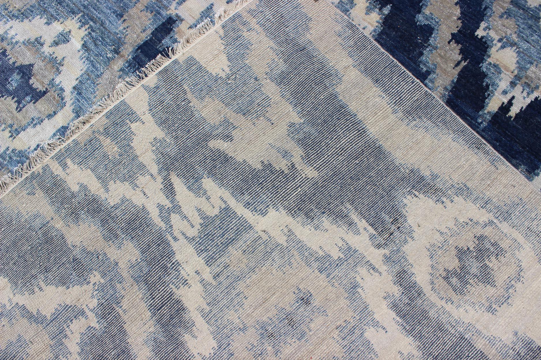 Indian Finely Made Modern Ikat Rug With All-Over Geometrics in Blue, Taupe and Ivory