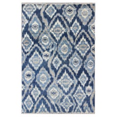 Modern Ikat Design Rug with All-Over Sub-Geometric Design in Blue and Ivory
