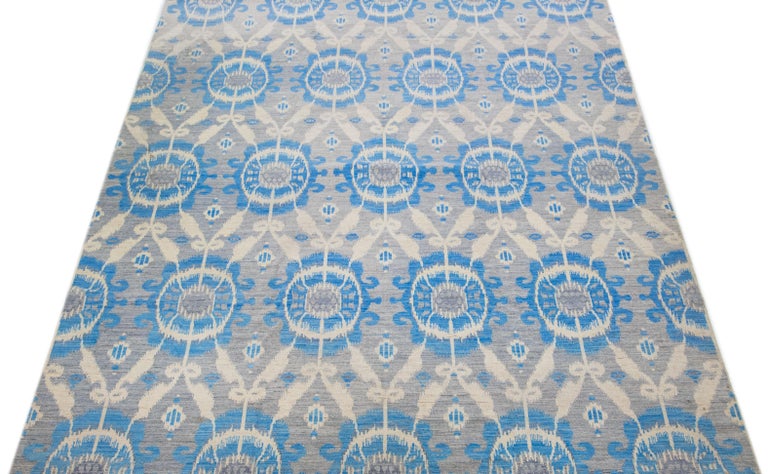 Ikat Pattern Rug Modern Ikat Gray Wool and Silk Rug with Allover Pattern For Sale at 1stDibs