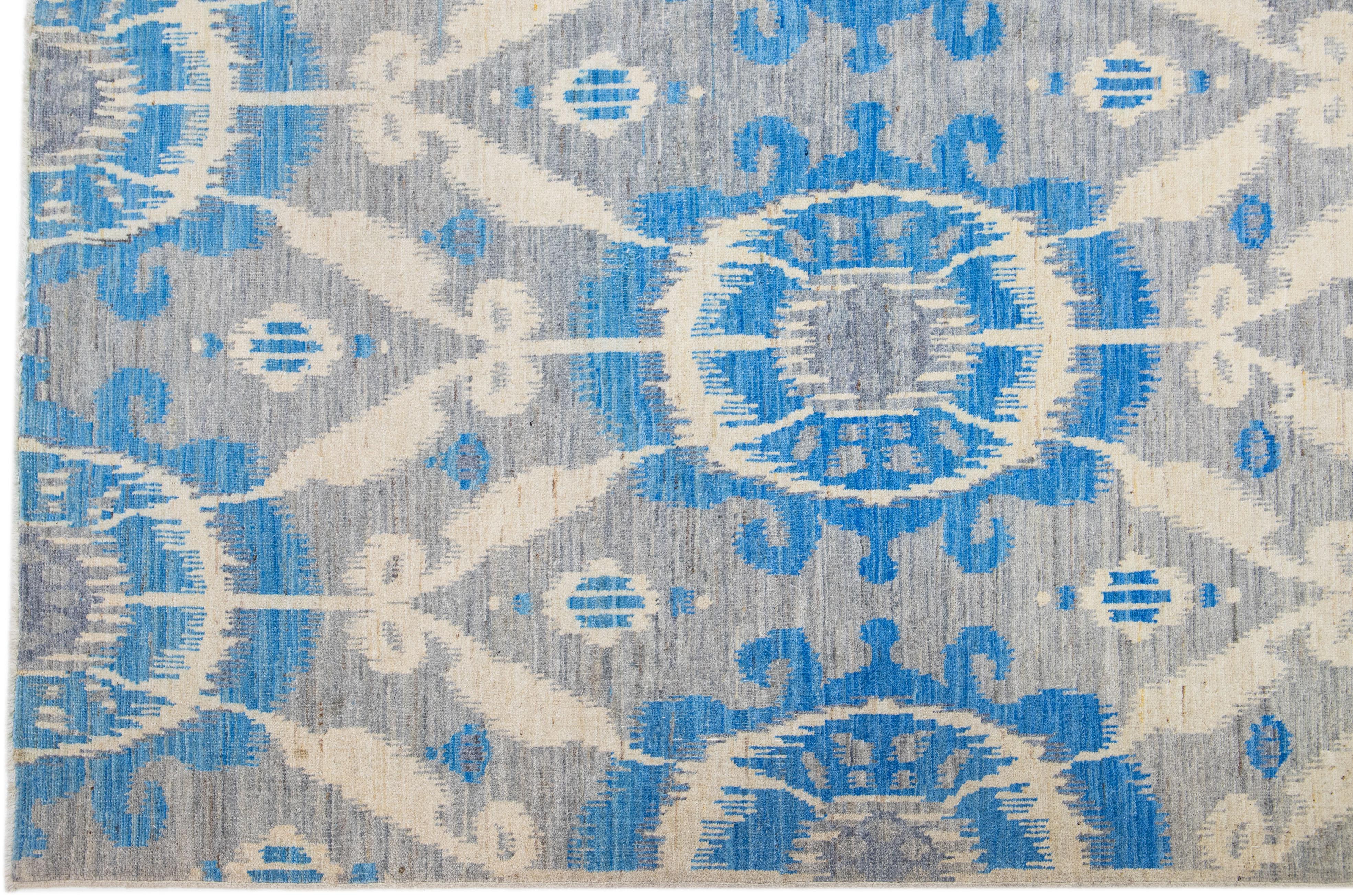 Hand-Knotted Modern Ikat Gray Wool & Silk Rug with Allover Pattern For Sale