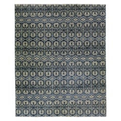 Tappeto moderno Ikat in lana blu oversize fatto a mano con disegno a trifoglio